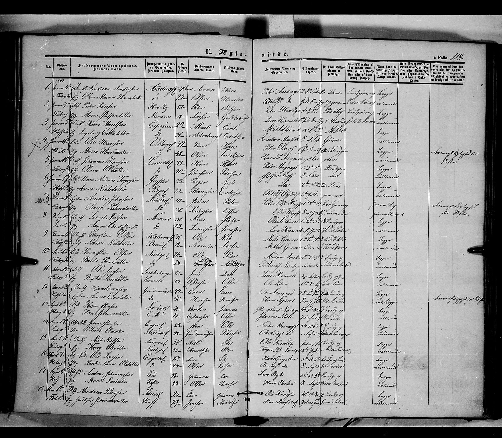 Land prestekontor, SAH/PREST-120/H/Ha/Haa/L0009: Parish register (official) no. 9, 1847-1859, p. 118