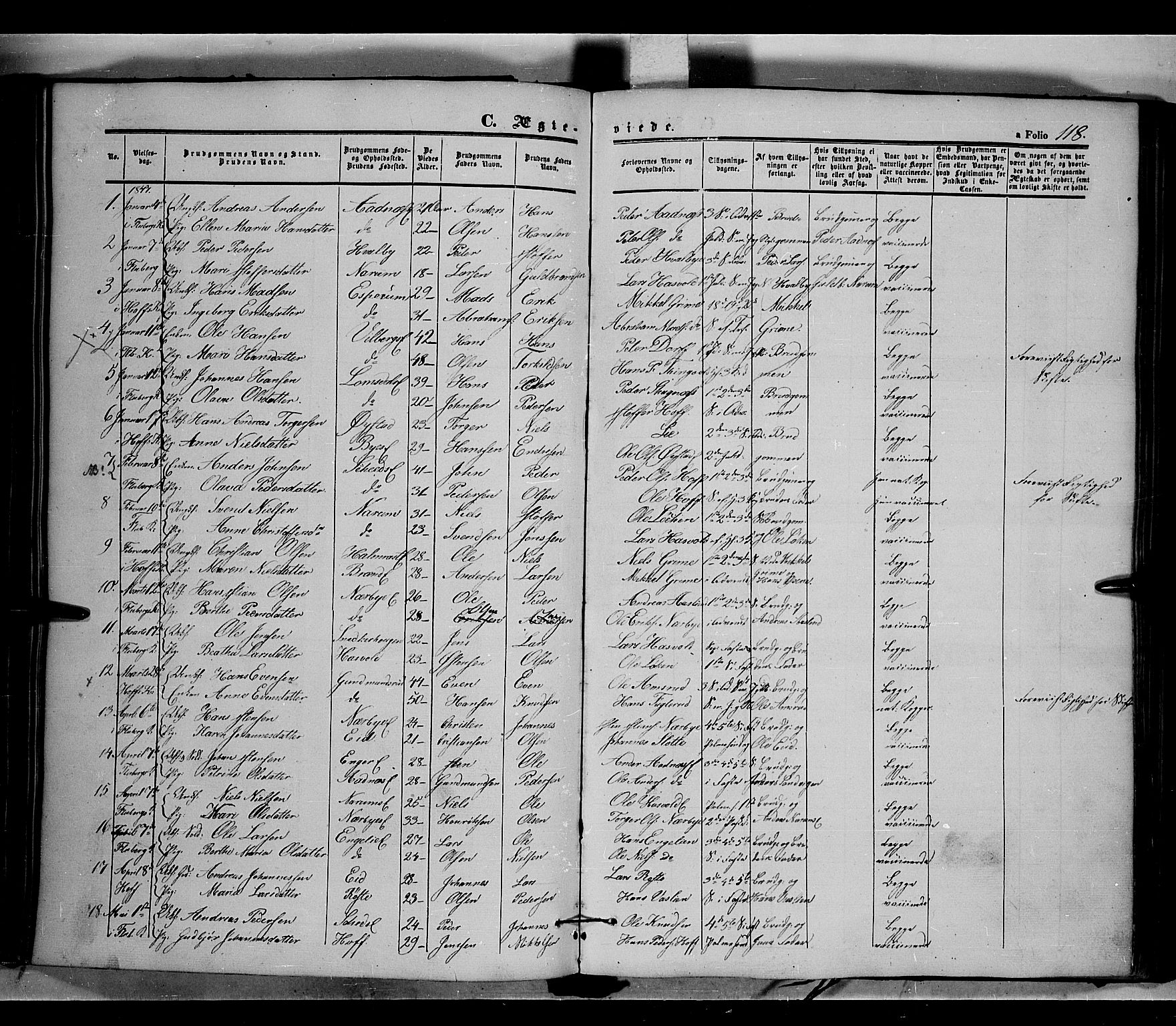 Land prestekontor, AV/SAH-PREST-120/H/Ha/Haa/L0009: Parish register (official) no. 9, 1847-1859, p. 118