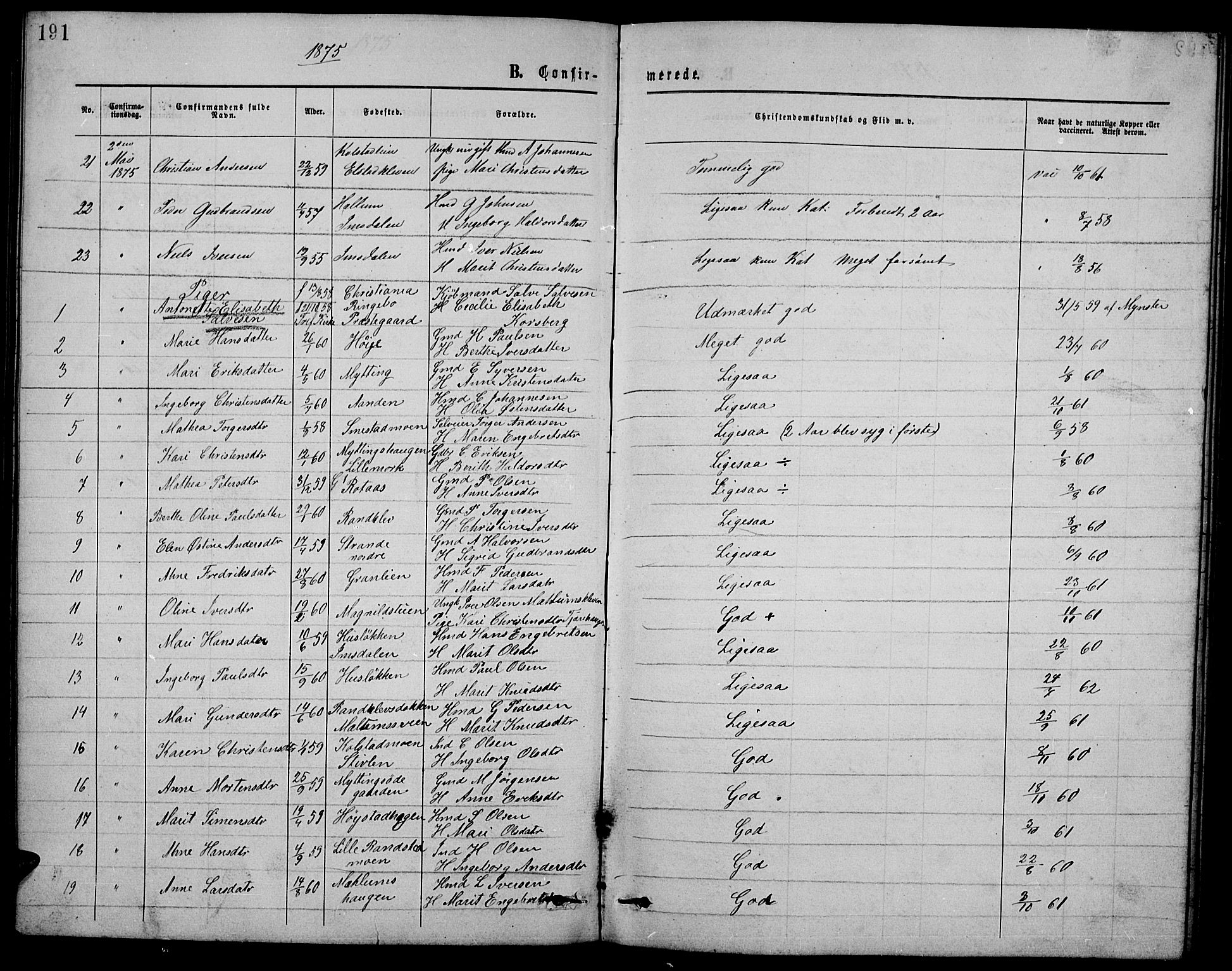 Ringebu prestekontor, SAH/PREST-082/H/Ha/Hab/L0004: Parish register (copy) no. 4, 1867-1879, p. 191
