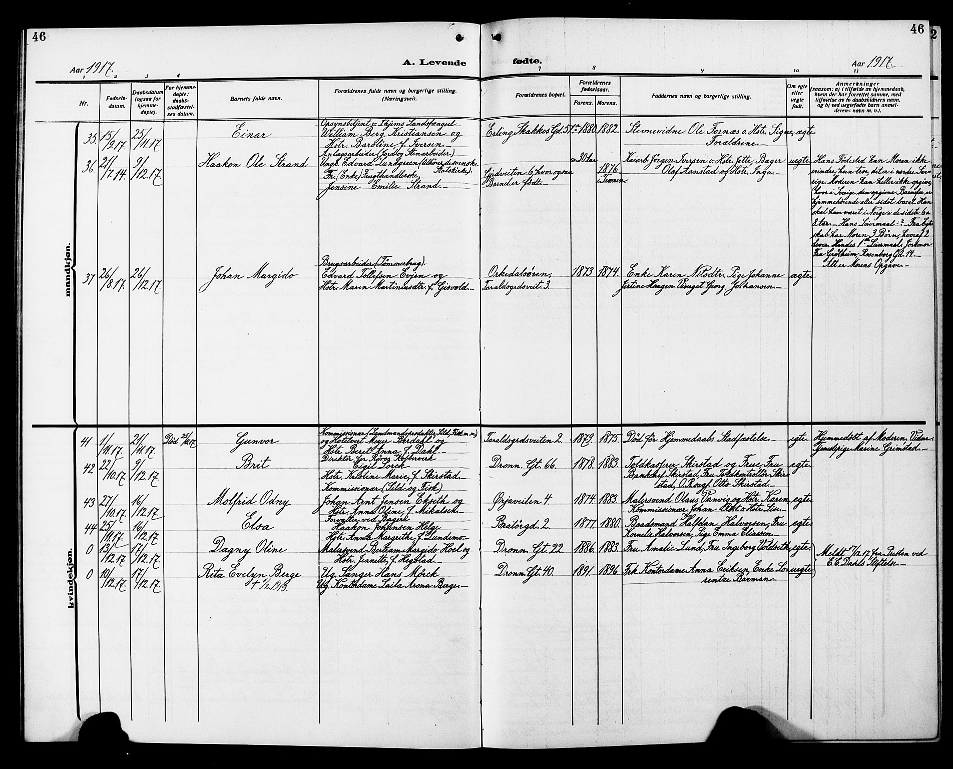 Ministerialprotokoller, klokkerbøker og fødselsregistre - Sør-Trøndelag, SAT/A-1456/602/L0147: Parish register (copy) no. 602C15, 1911-1924, p. 46