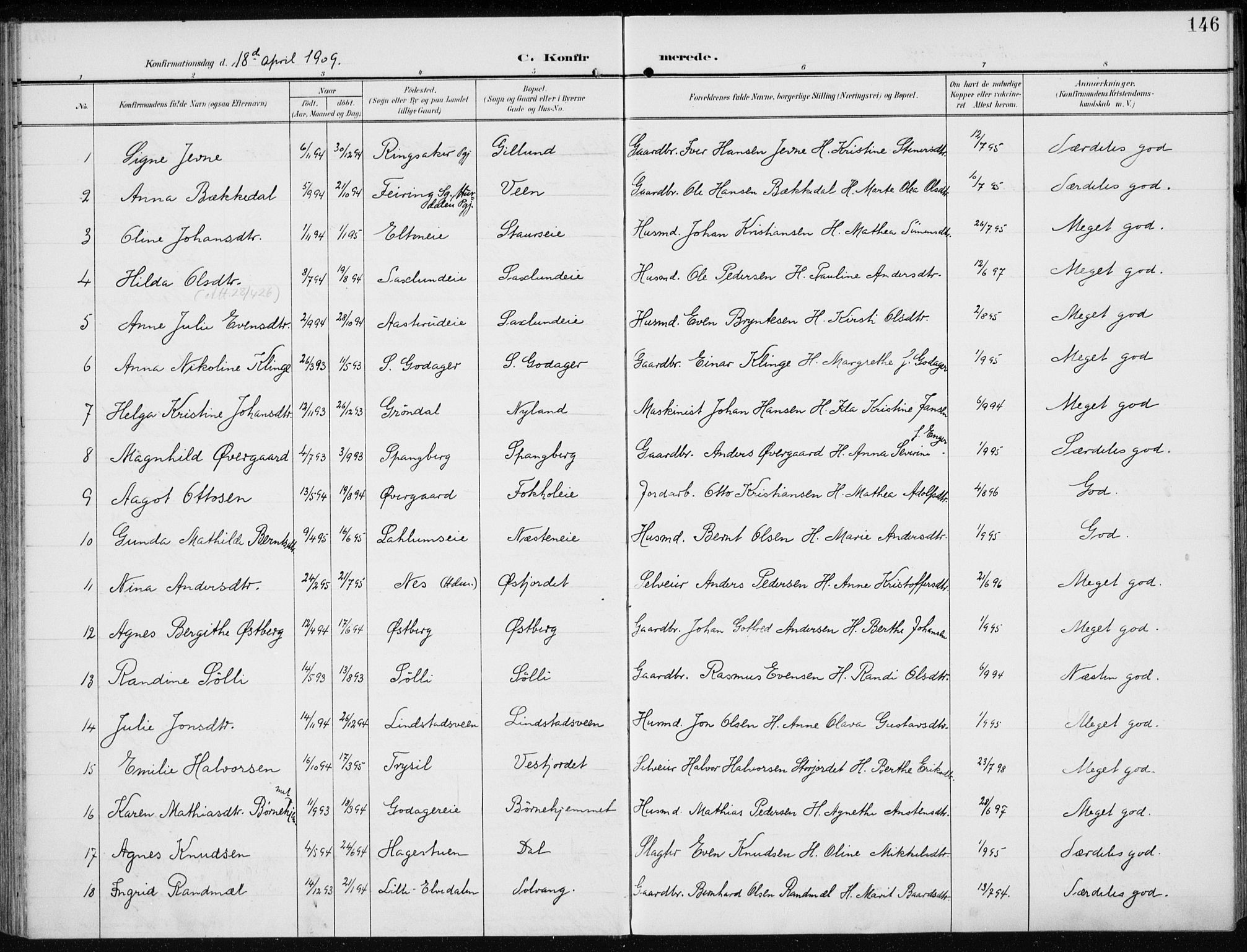 Stange prestekontor, AV/SAH-PREST-002/K/L0024: Parish register (official) no. 24, 1906-1922, p. 146