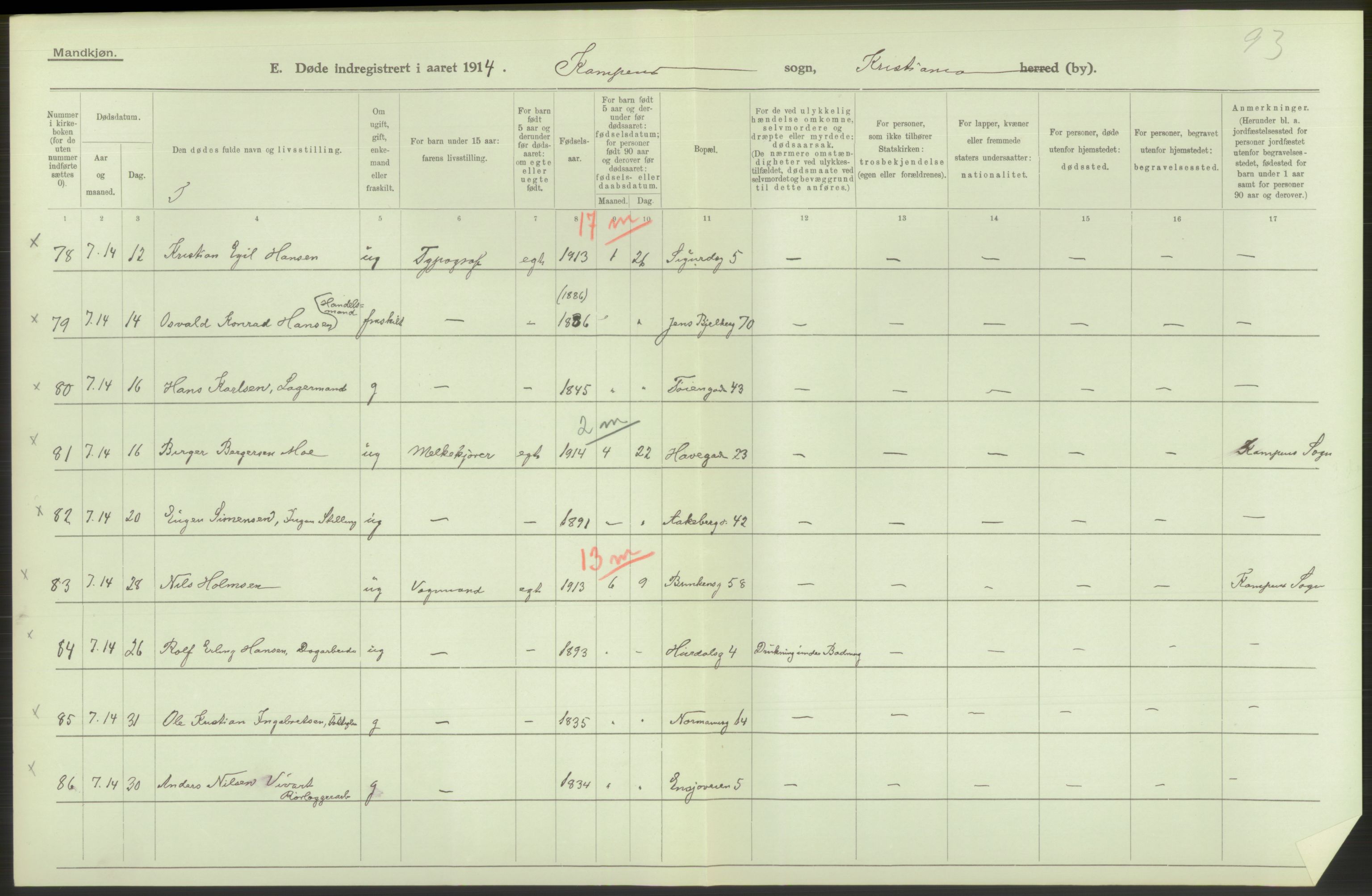 Statistisk sentralbyrå, Sosiodemografiske emner, Befolkning, AV/RA-S-2228/D/Df/Dfb/Dfbd/L0008: Kristiania: Døde, 1914, p. 414