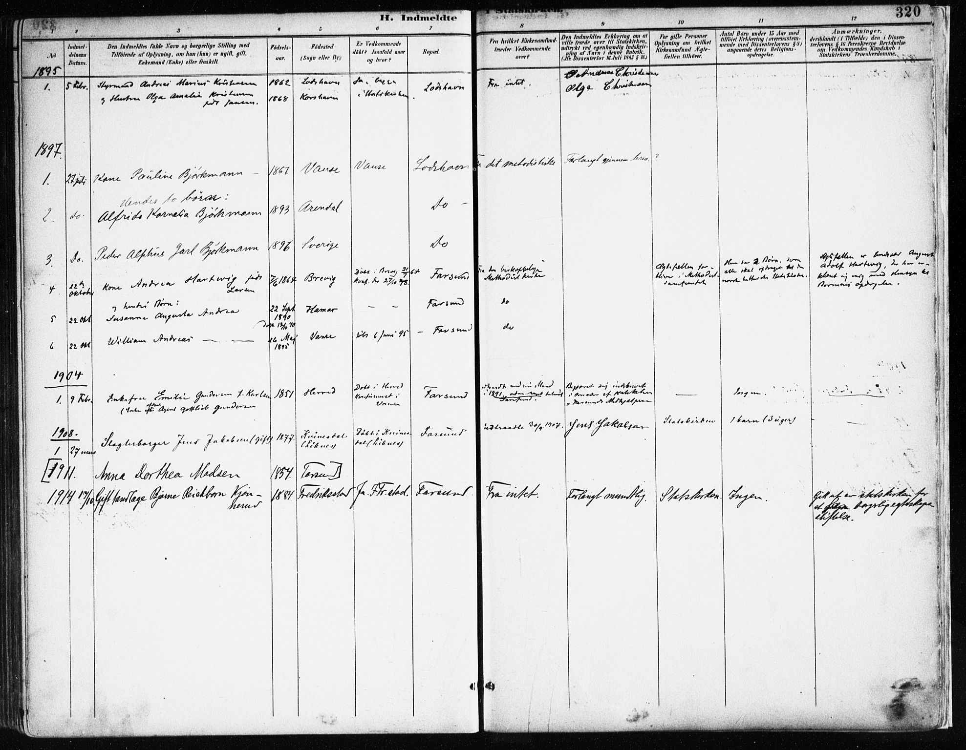 Farsund sokneprestkontor, SAK/1111-0009/F/Fa/L0006: Parish register (official) no. A 6, 1887-1920, p. 320