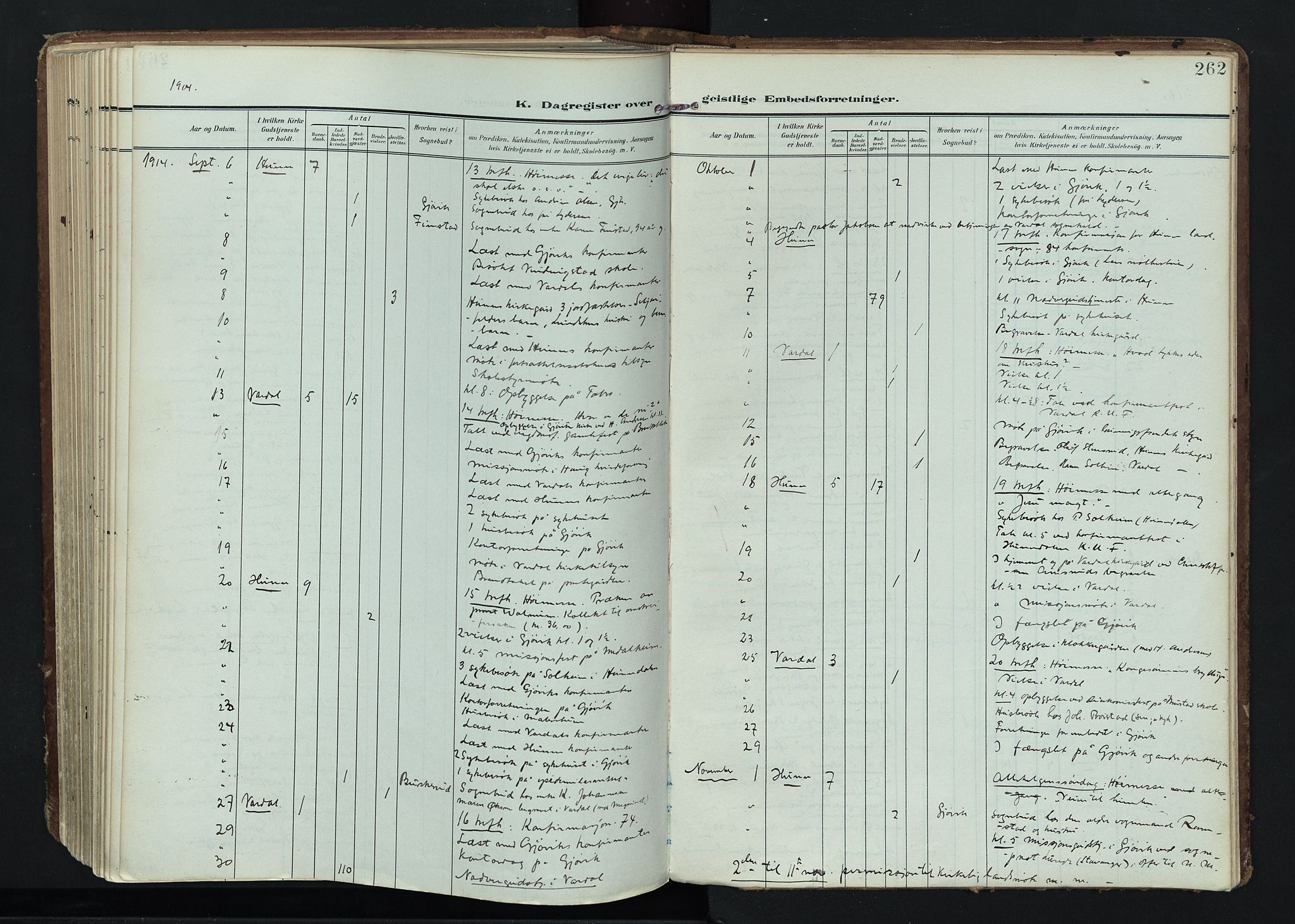 Vardal prestekontor, AV/SAH-PREST-100/H/Ha/Haa/L0020: Parish register (official) no. 20, 1907-1921, p. 262