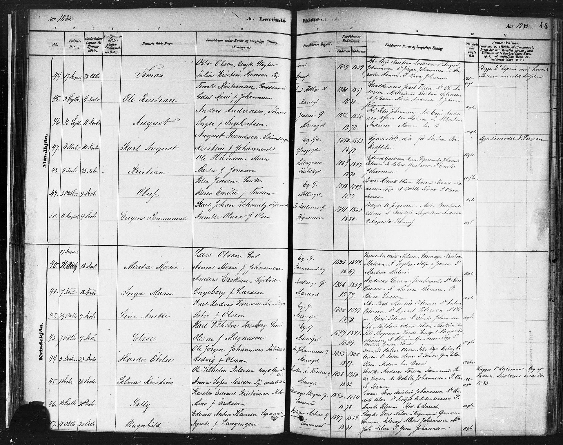 Sarpsborg prestekontor Kirkebøker, SAO/A-2006/F/Fa/L0003: Parish register (official) no. 3, 1878-1891, p. 44