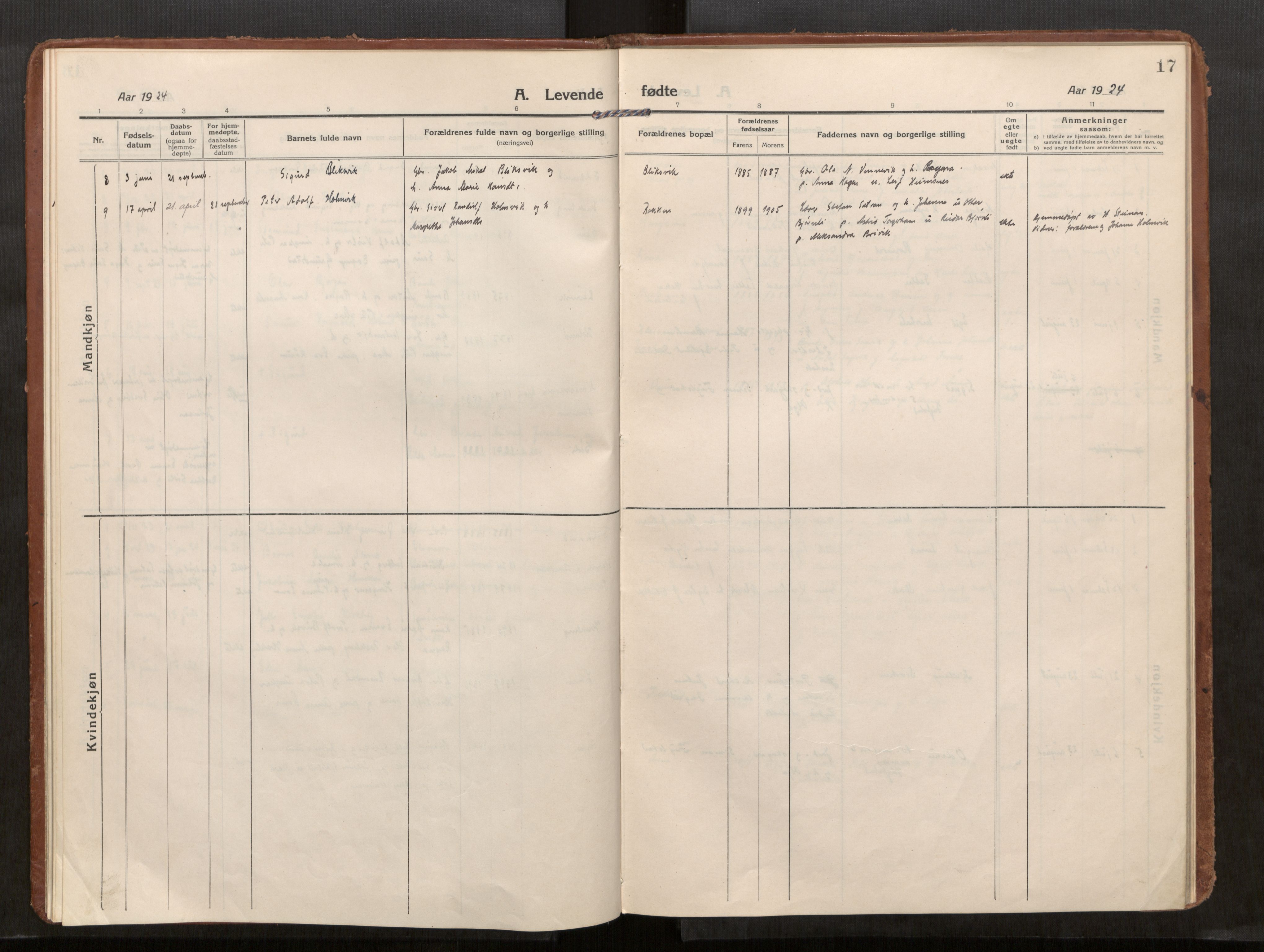 Kolvereid sokneprestkontor, SAT/A-1171/H/Ha/Haa/L0002: Parish register (official) no. 2, 1914-1926, p. 17