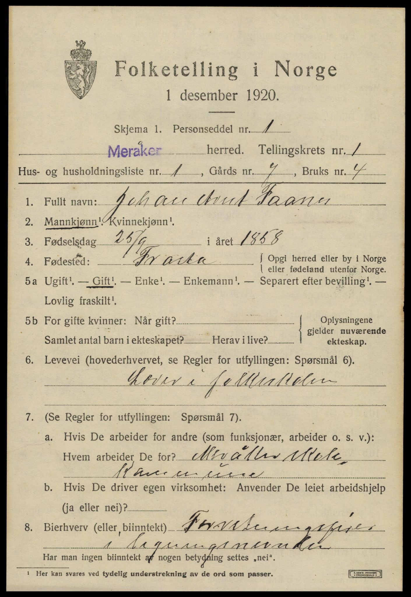 SAT, 1920 census for Meråker, 1920, p. 848