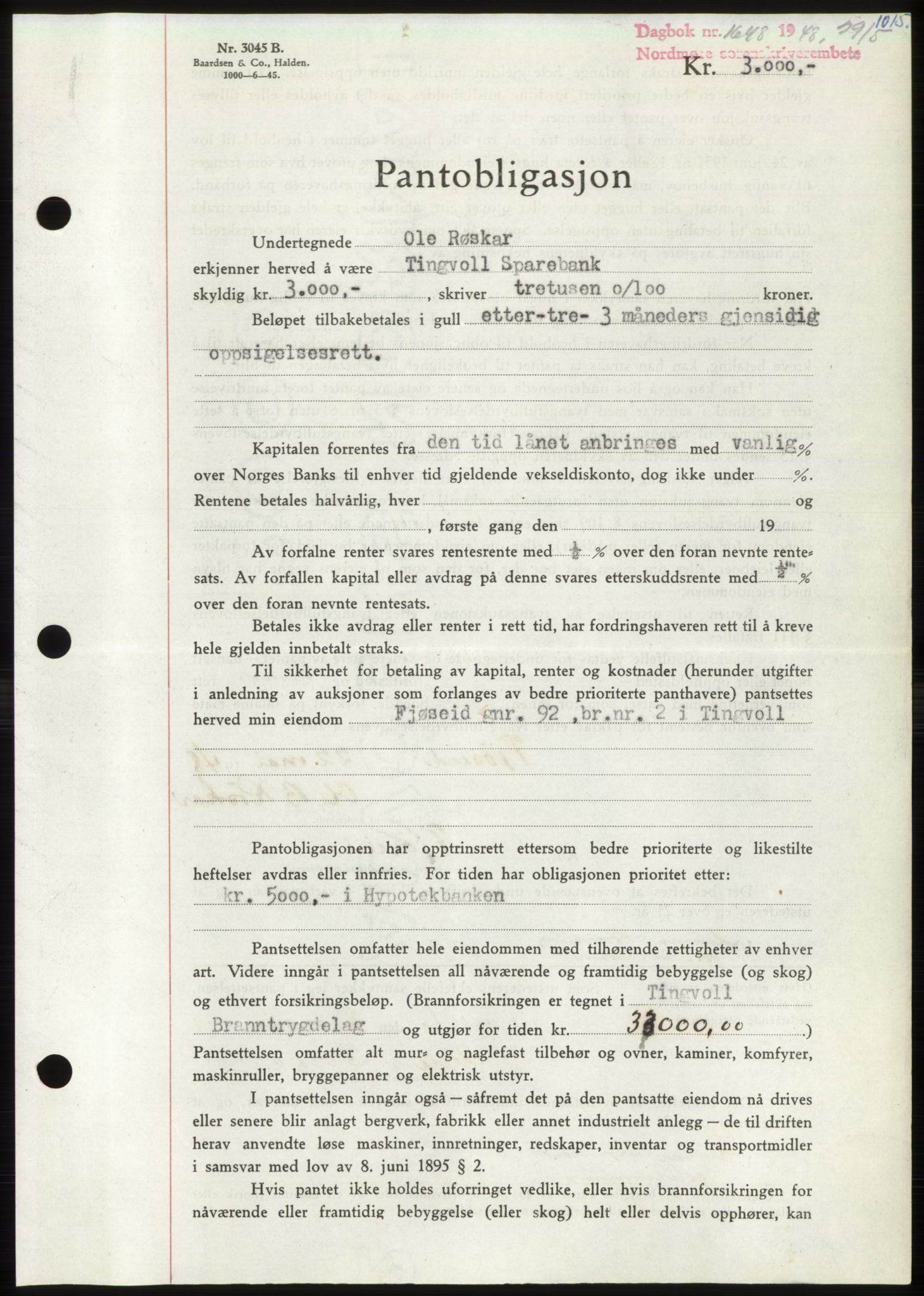 Nordmøre sorenskriveri, AV/SAT-A-4132/1/2/2Ca: Mortgage book no. B98, 1948-1948, Diary no: : 1648/1948