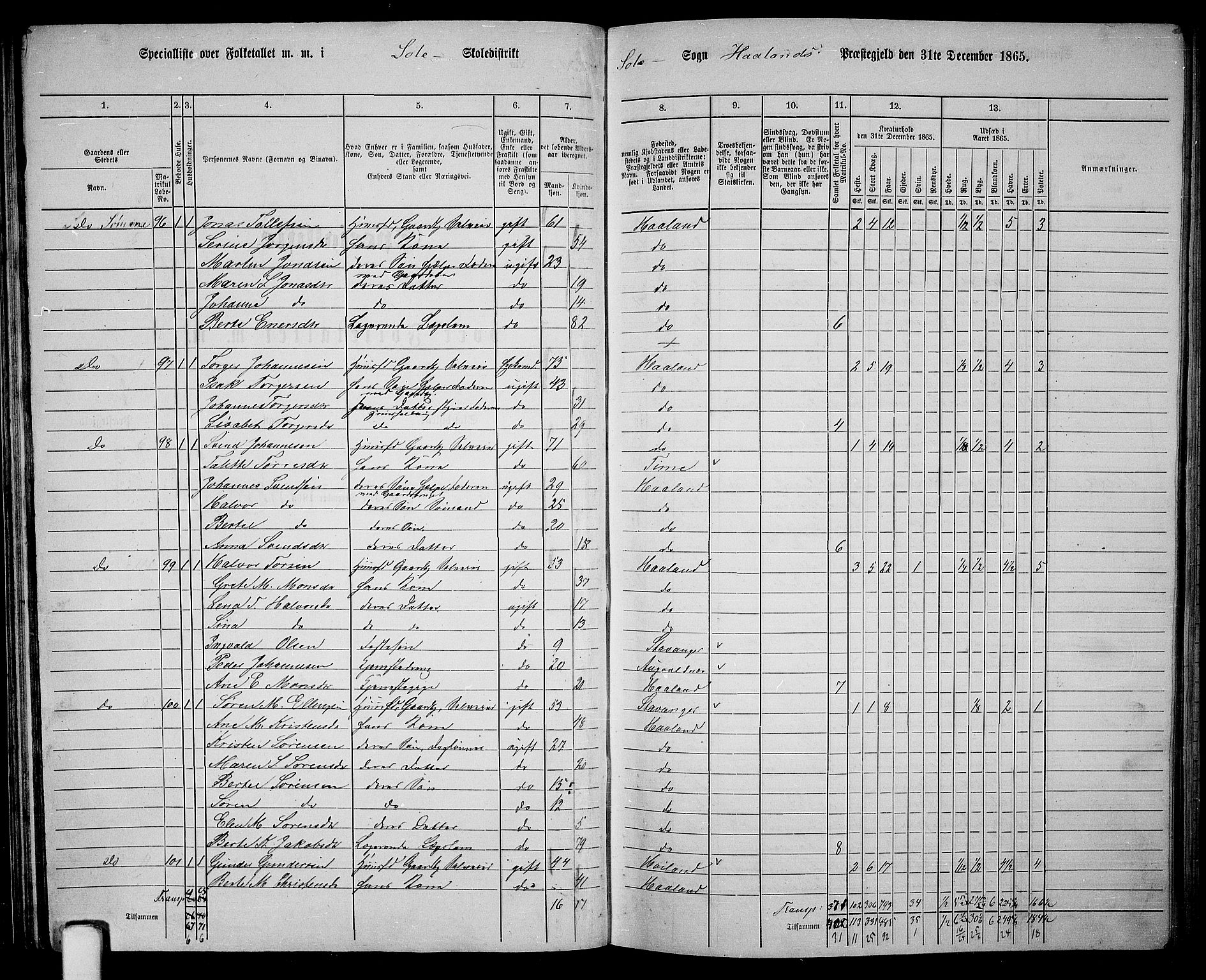 RA, 1865 census for Håland, 1865, p. 49