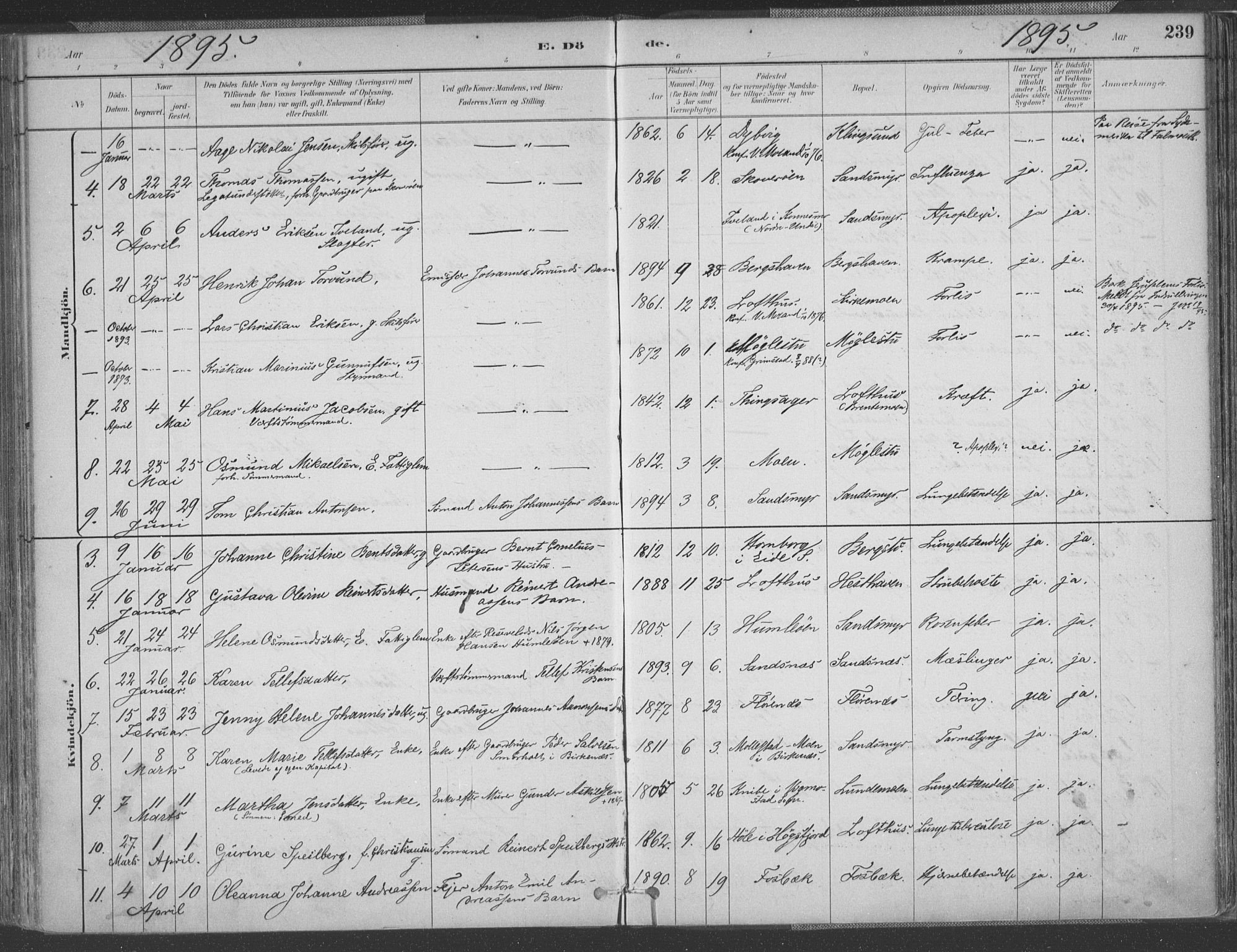 Vestre Moland sokneprestkontor, AV/SAK-1111-0046/F/Fa/Fab/L0009: Parish register (official) no. A 9, 1884-1899, p. 239