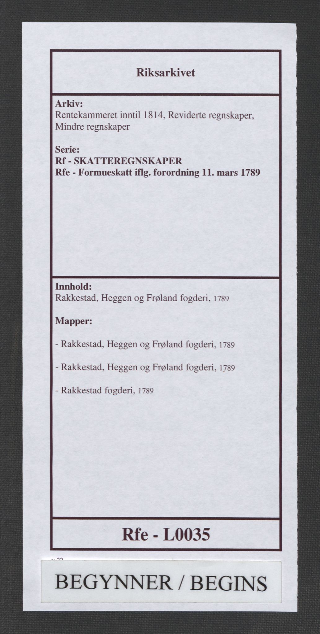 Rentekammeret inntil 1814, Reviderte regnskaper, Mindre regnskaper, AV/RA-EA-4068/Rf/Rfe/L0035: Rakkestad, Heggen og Frøland fogderi, 1789, p. 1