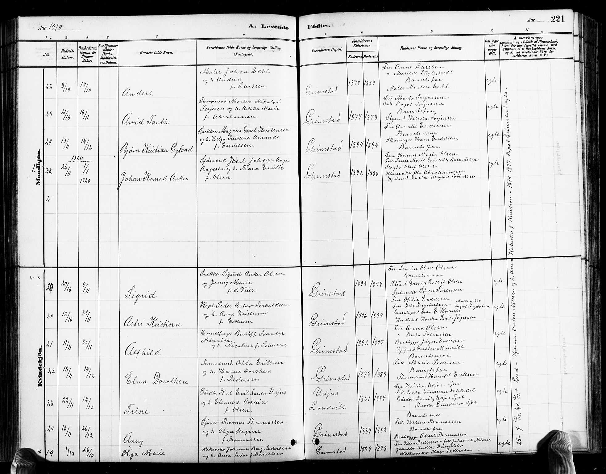 Grimstad sokneprestkontor, SAK/1111-0017/F/Fb/L0001: Parish register (copy) no. B 1, 1881-1922, p. 221
