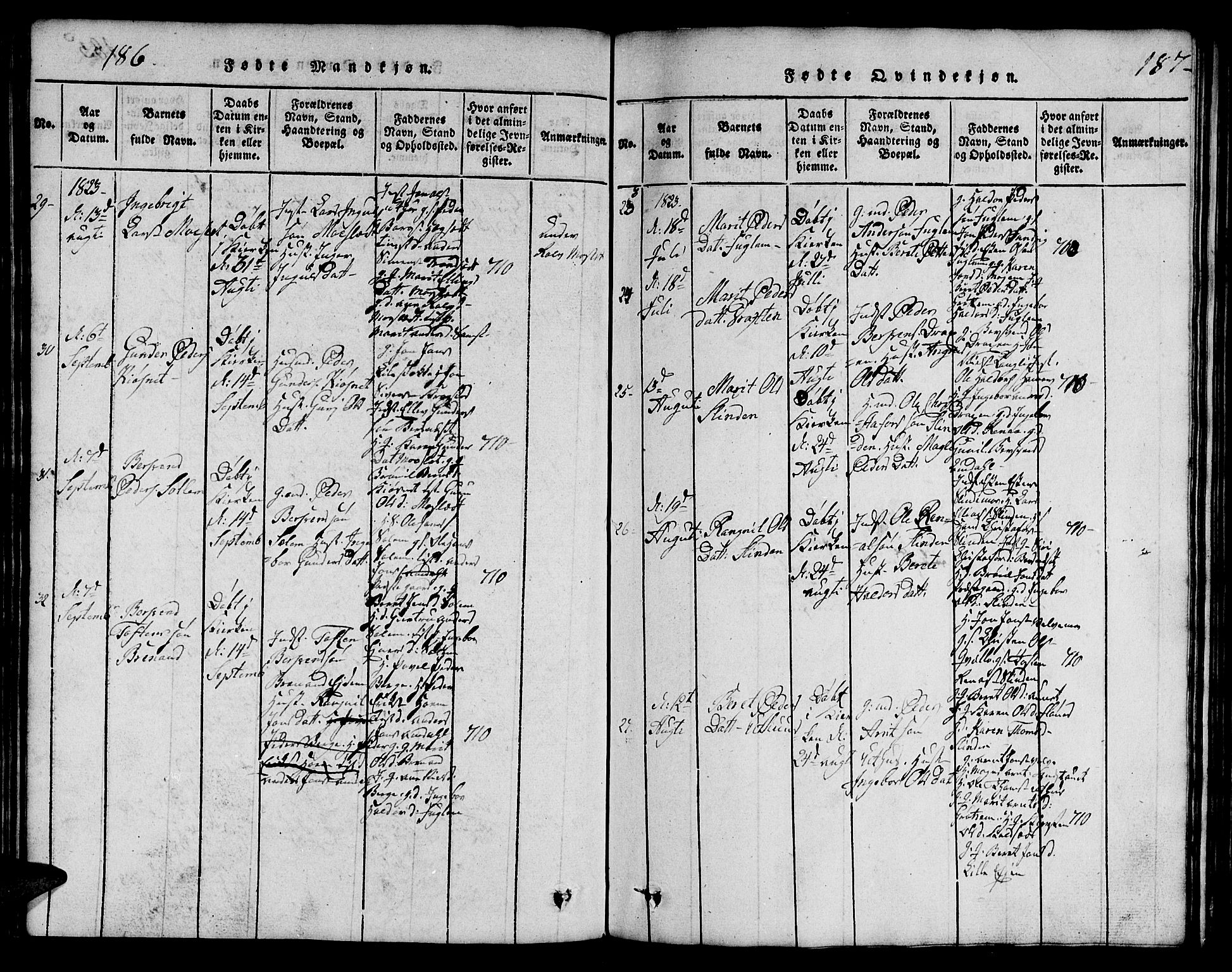 Ministerialprotokoller, klokkerbøker og fødselsregistre - Sør-Trøndelag, AV/SAT-A-1456/695/L1152: Parish register (copy) no. 695C03, 1816-1831, p. 186-187