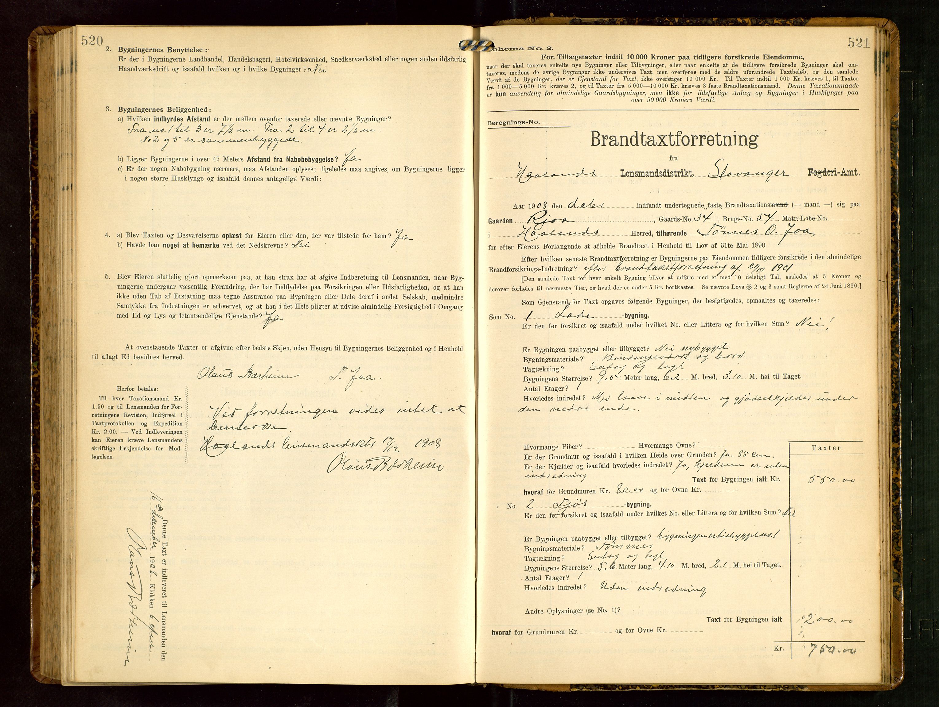 Håland lensmannskontor, AV/SAST-A-100100/Gob/L0003: Branntakstprotokoll - skjematakst. Register i boken., 1909-1910, p. 520-521