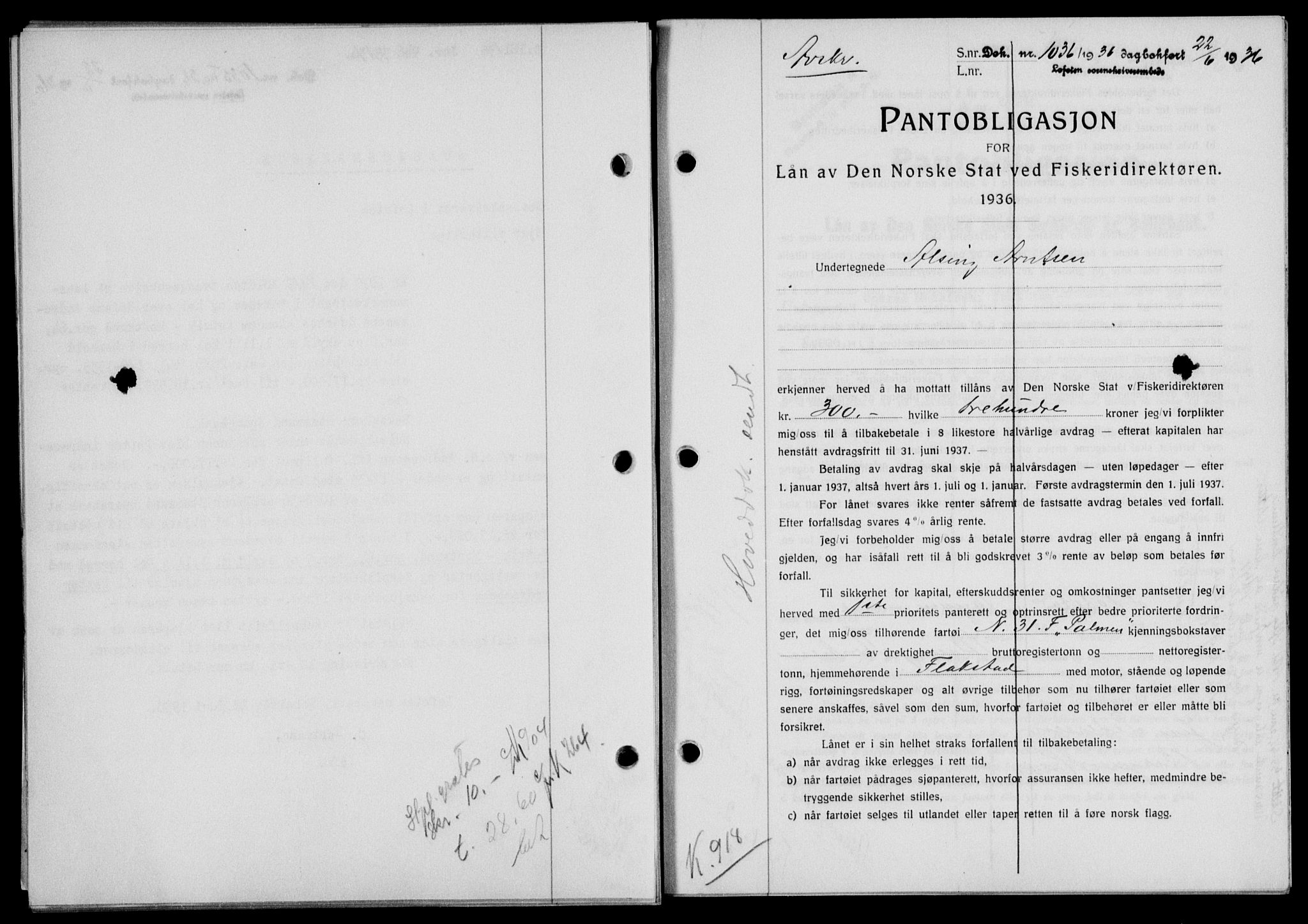 Lofoten sorenskriveri, SAT/A-0017/1/2/2C/L0033b: Mortgage book no. 33b, 1936-1936, Diary no: : 1036/1936