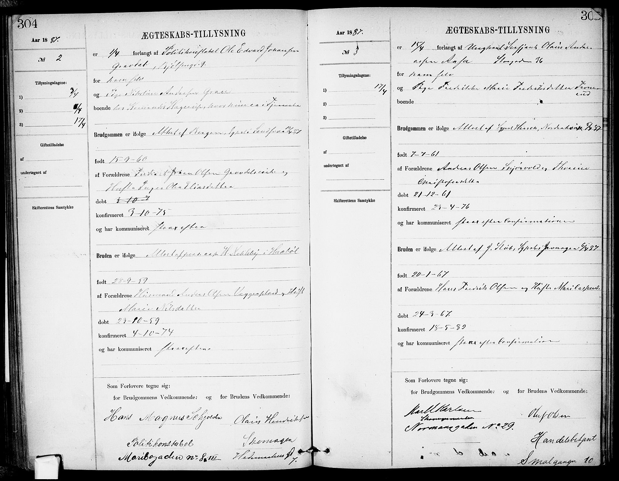 Garnisonsmenigheten Kirkebøker, AV/SAO-A-10846/H/Ha/L0007: Banns register no. I 7, 1872-1893, p. 304-305