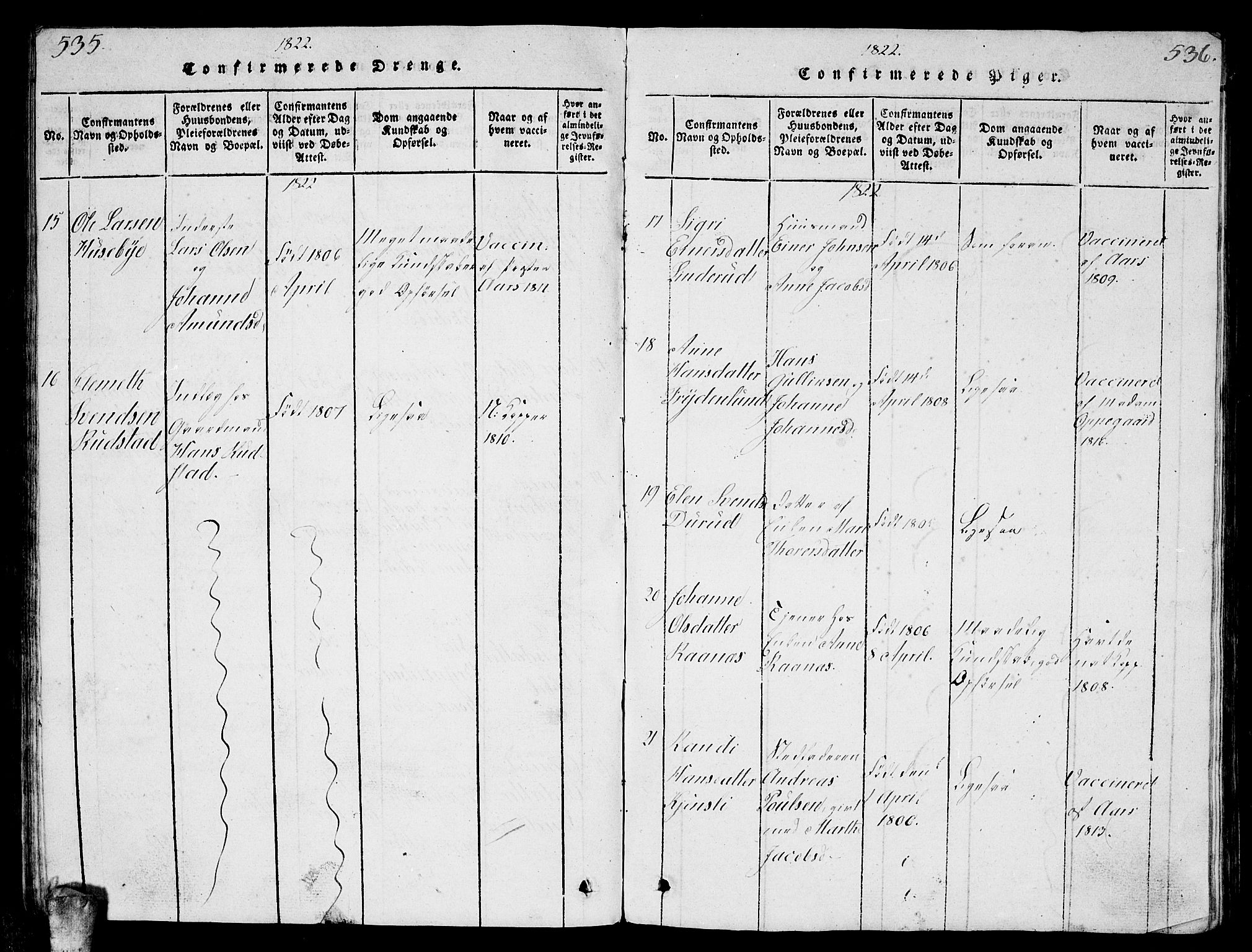 Enebakk prestekontor Kirkebøker, AV/SAO-A-10171c/G/Ga/L0001: Parish register (copy) no. I 1, 1815-1833, p. 535-536