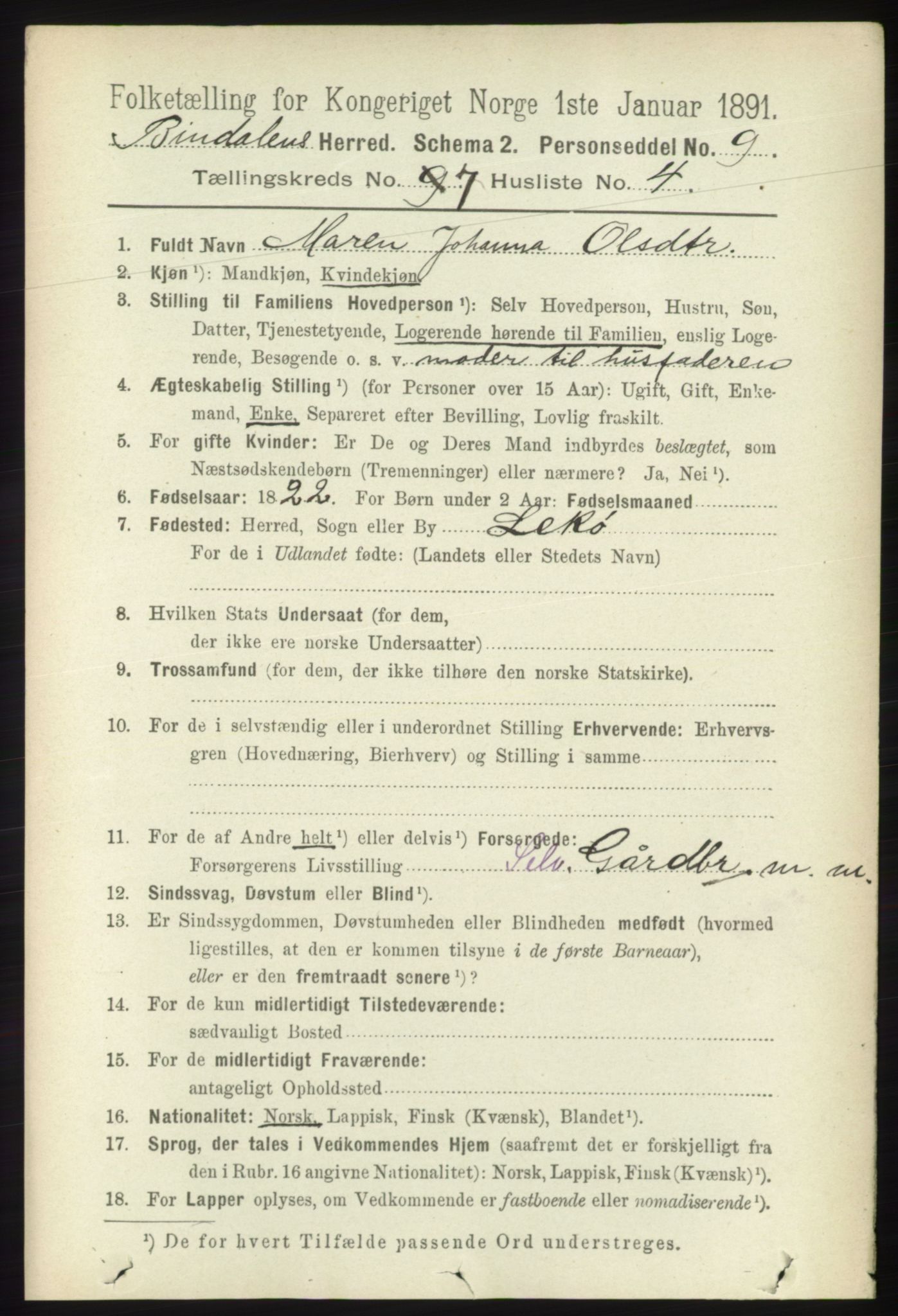 RA, 1891 census for 1811 Bindal, 1891, p. 2282