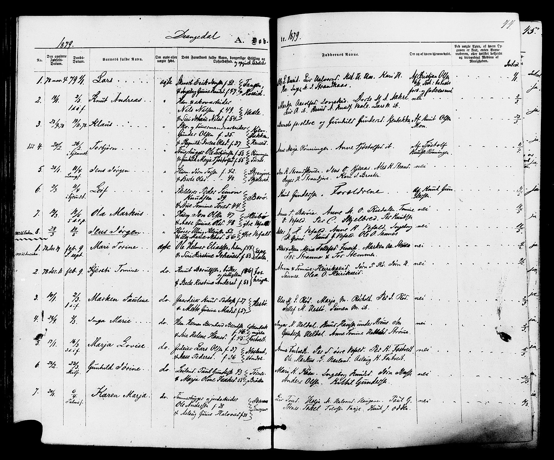 Drangedal kirkebøker, SAKO/A-258/F/Fa/L0009: Parish register (official) no. 9 /1, 1872-1884, p. 44