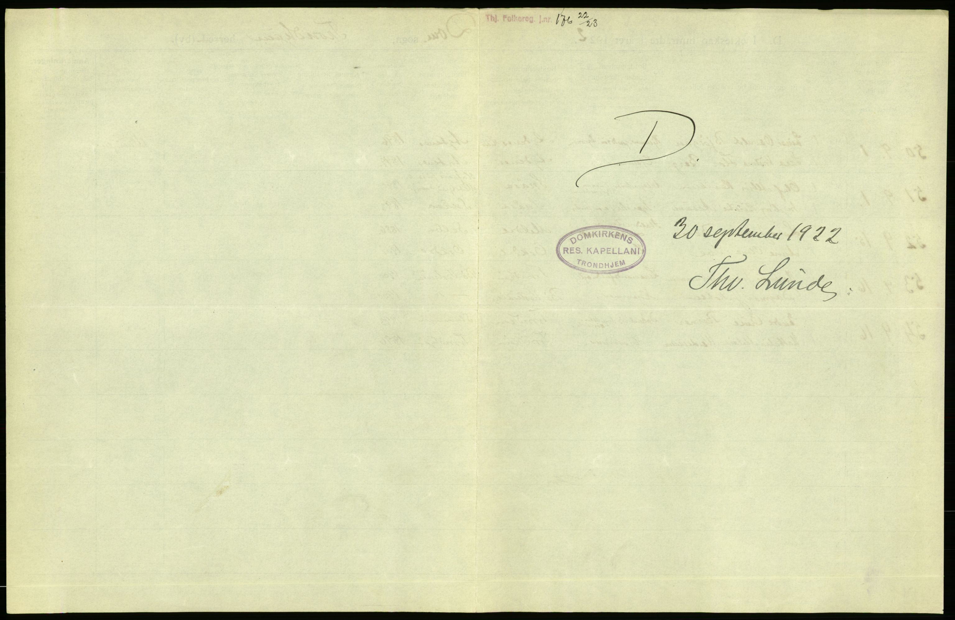 Statistisk sentralbyrå, Sosiodemografiske emner, Befolkning, AV/RA-S-2228/D/Df/Dfc/Dfcb/L0040: Trondheim: Gifte, døde, dødfødte., 1922, p. 67