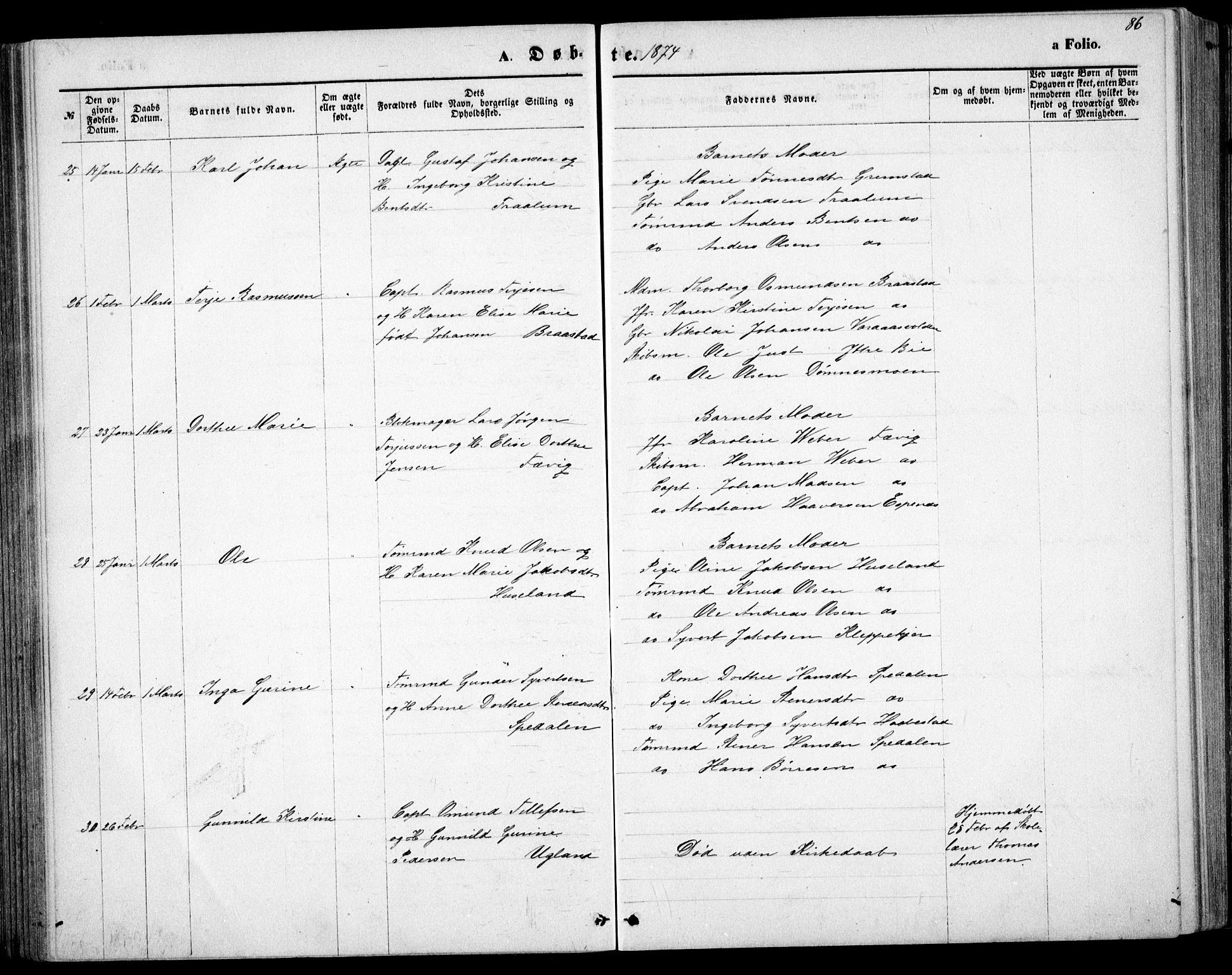 Fjære sokneprestkontor, AV/SAK-1111-0011/F/Fb/L0010: Parish register (copy) no. B 10, 1871-1880, p. 86