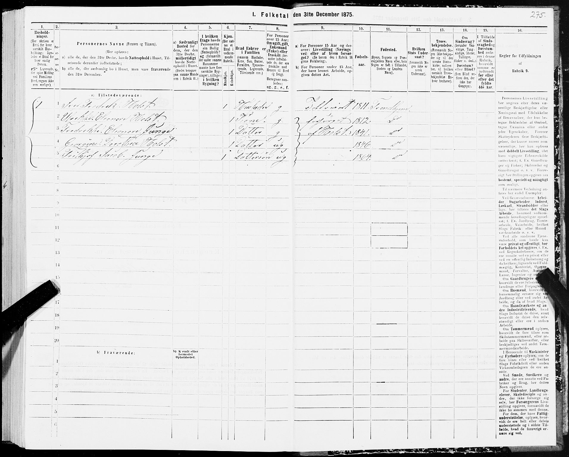 SAT, 1875 census for 1601 Trondheim, 1875, p. 5275