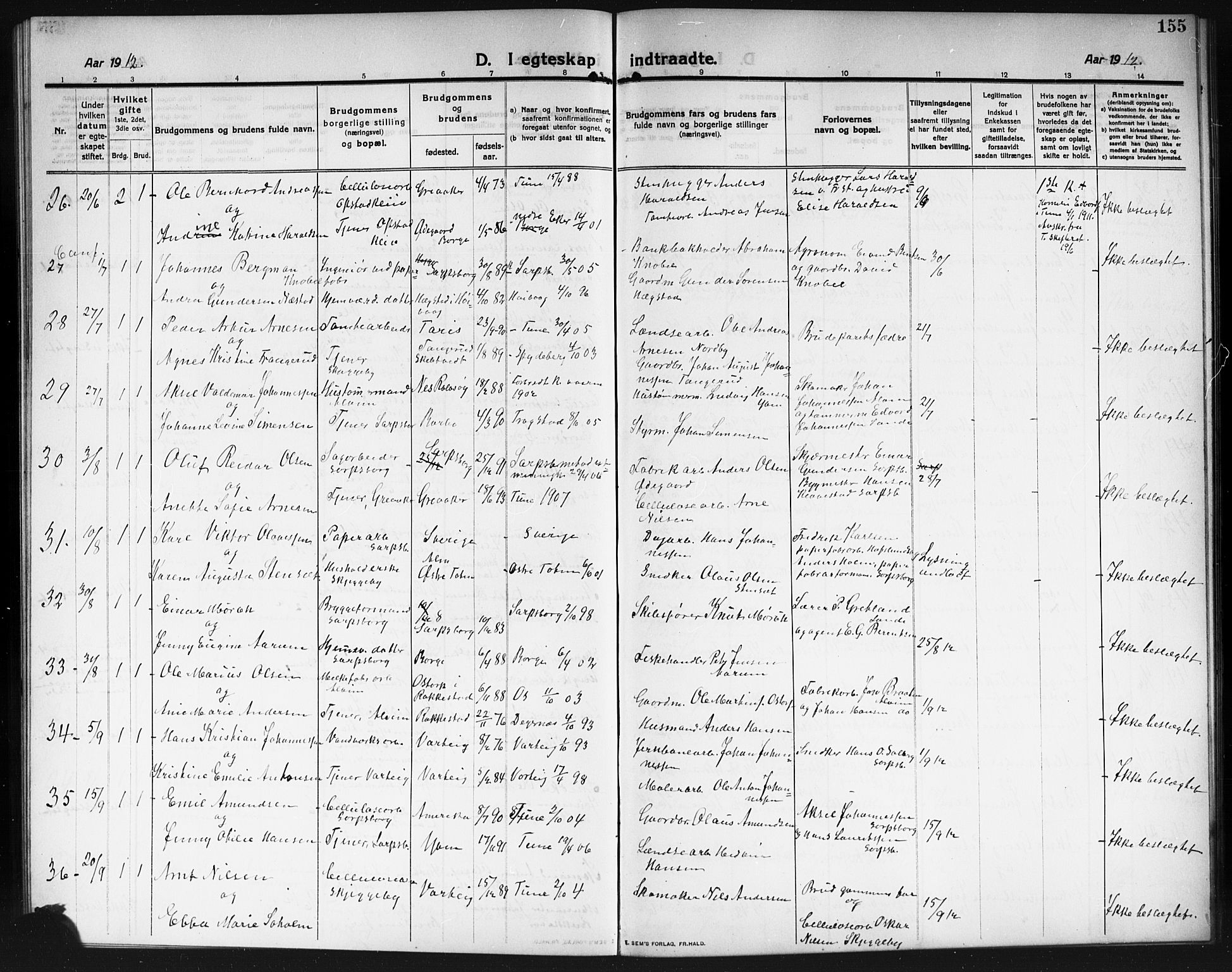 Tune prestekontor Kirkebøker, AV/SAO-A-2007/G/Ga/L0002: Parish register (copy) no. I 2, 1910-1913, p. 155
