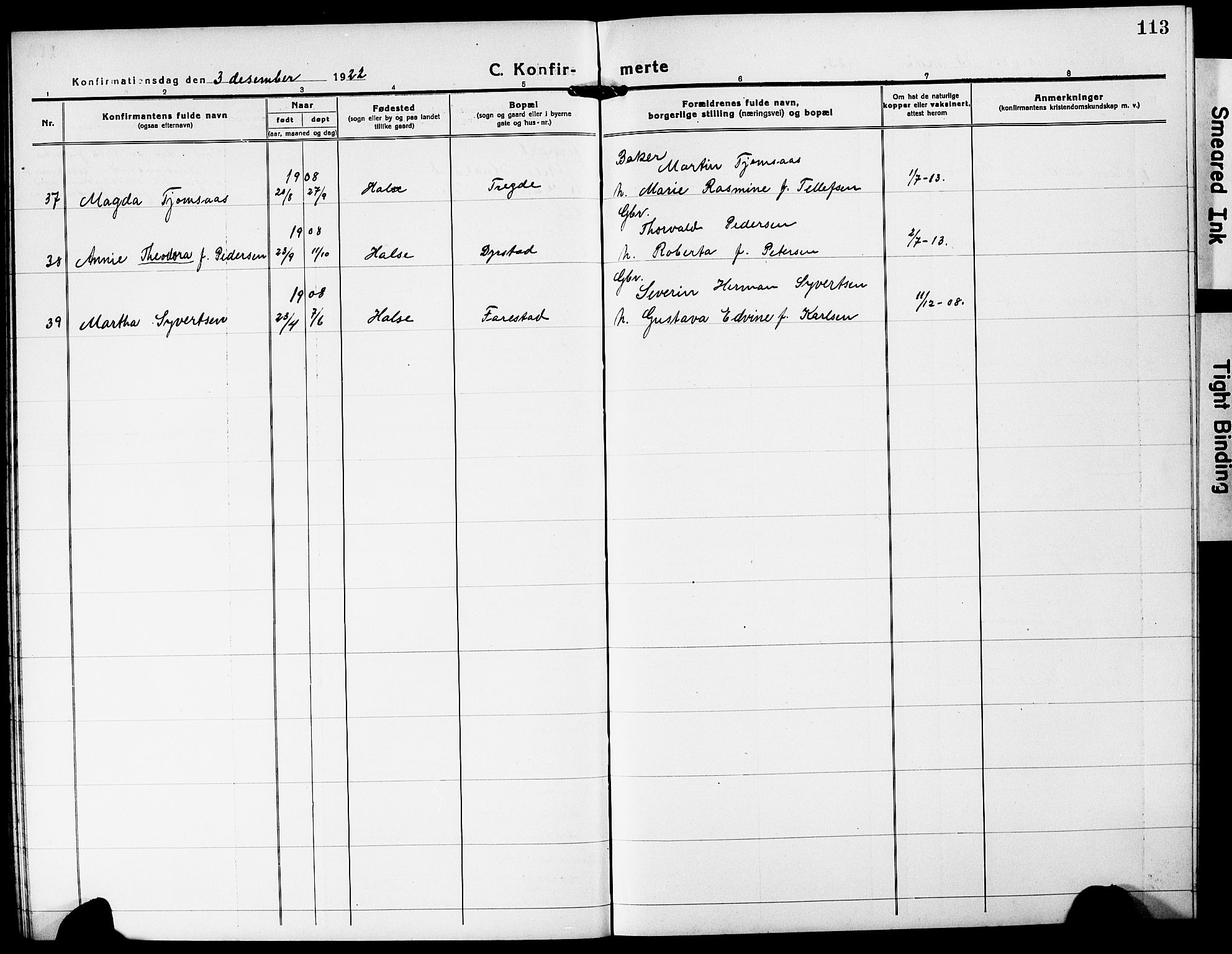 Mandal sokneprestkontor, SAK/1111-0030/F/Fb/Fba/L0013: Parish register (copy) no. B 7, 1918-1931, p. 113