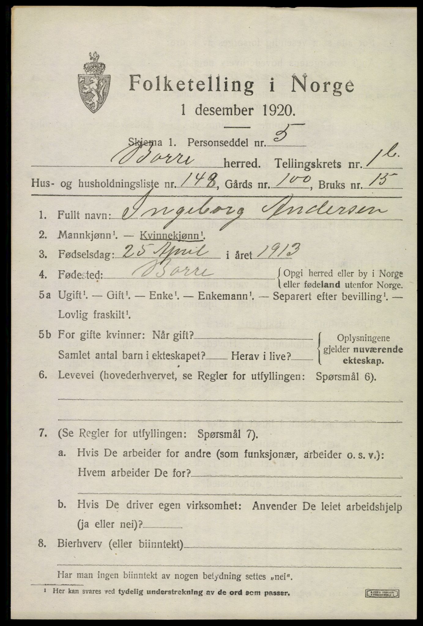 SAKO, 1920 census for Borre, 1920, p. 4164