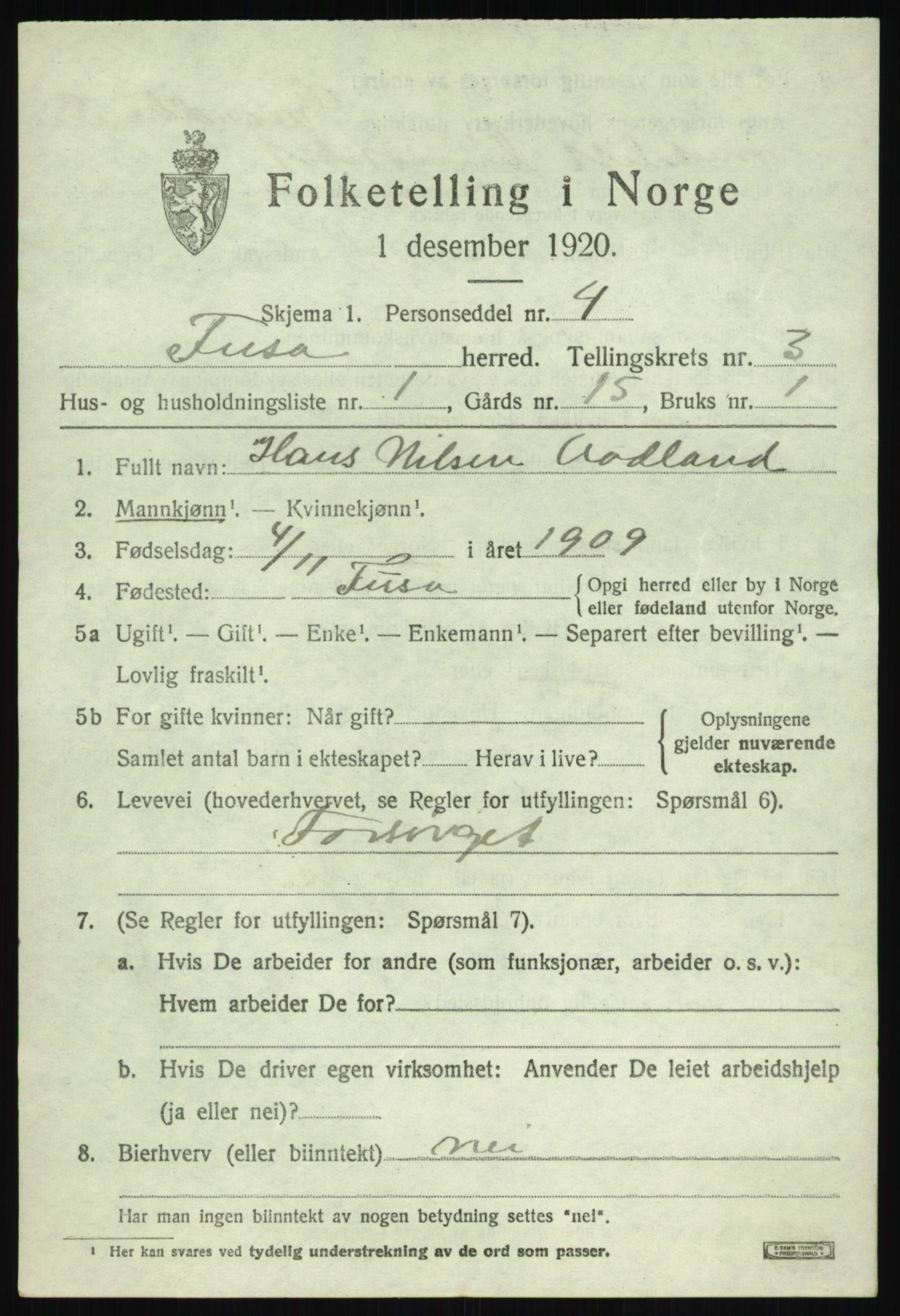 SAB, 1920 census for Fusa, 1920, p. 1307