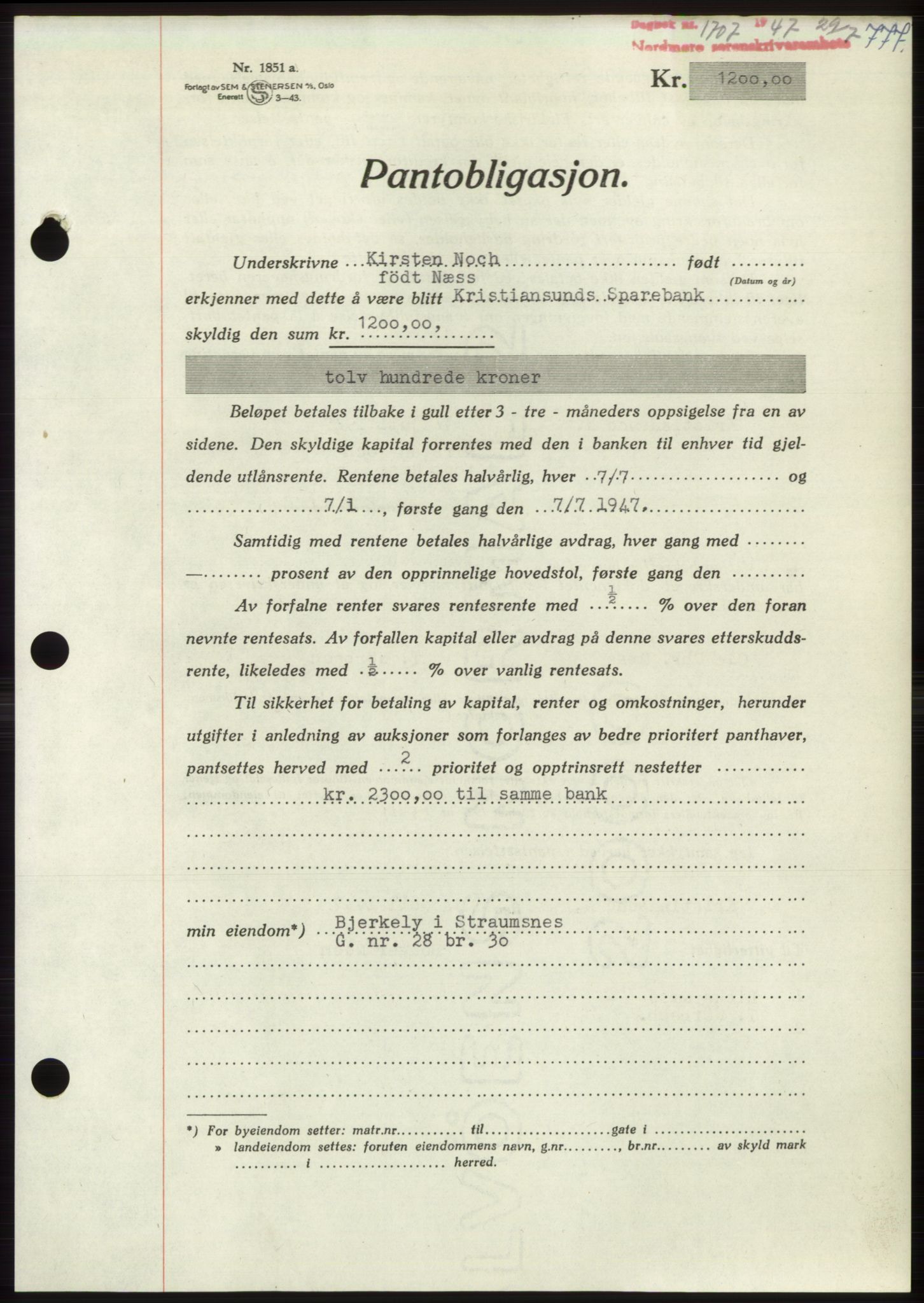 Nordmøre sorenskriveri, AV/SAT-A-4132/1/2/2Ca: Mortgage book no. B96, 1947-1947, Diary no: : 1707/1947