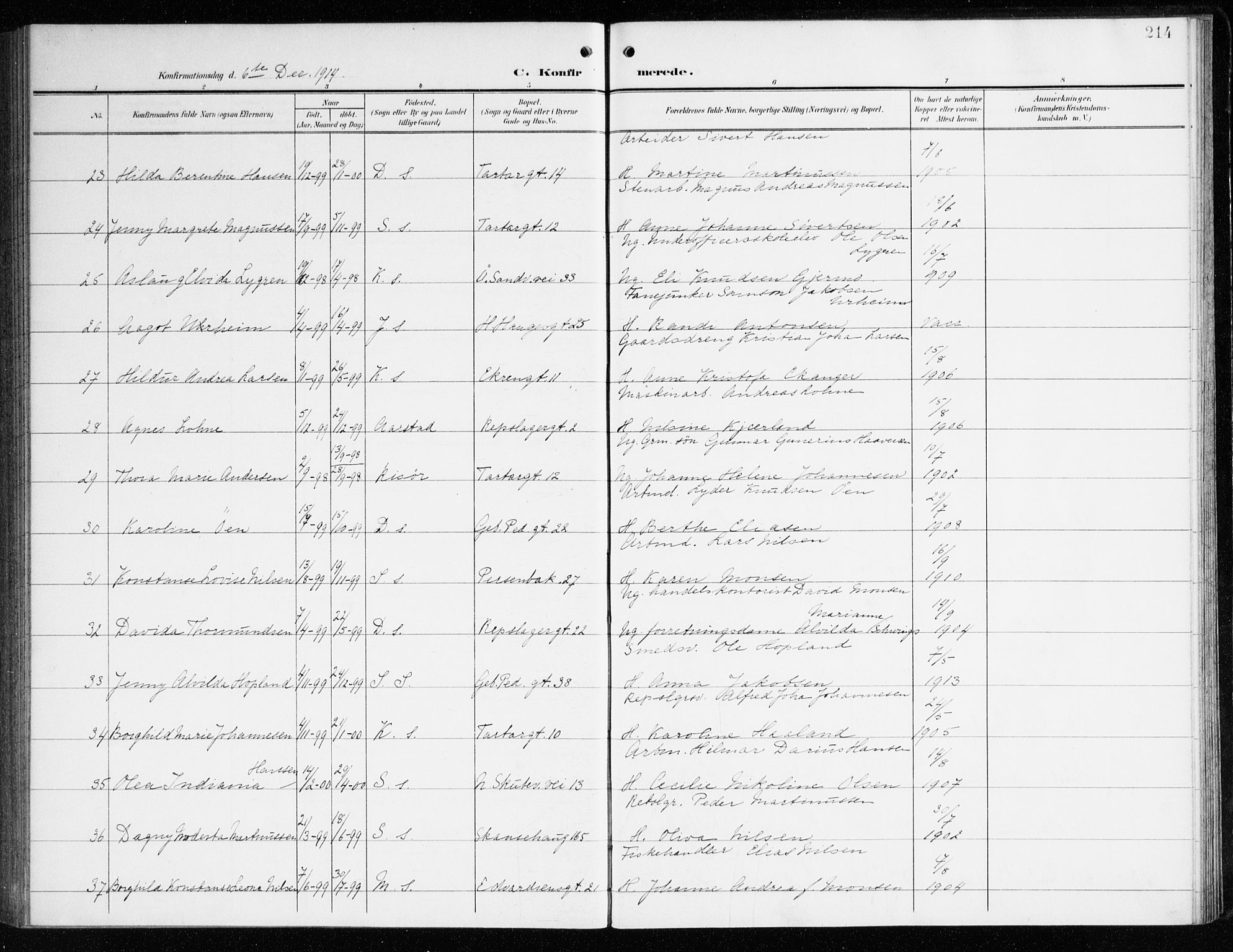 Sandviken Sokneprestembete, SAB/A-77601/H/Ha/L0011: Parish register (official) no. C 2, 1905-1918, p. 214