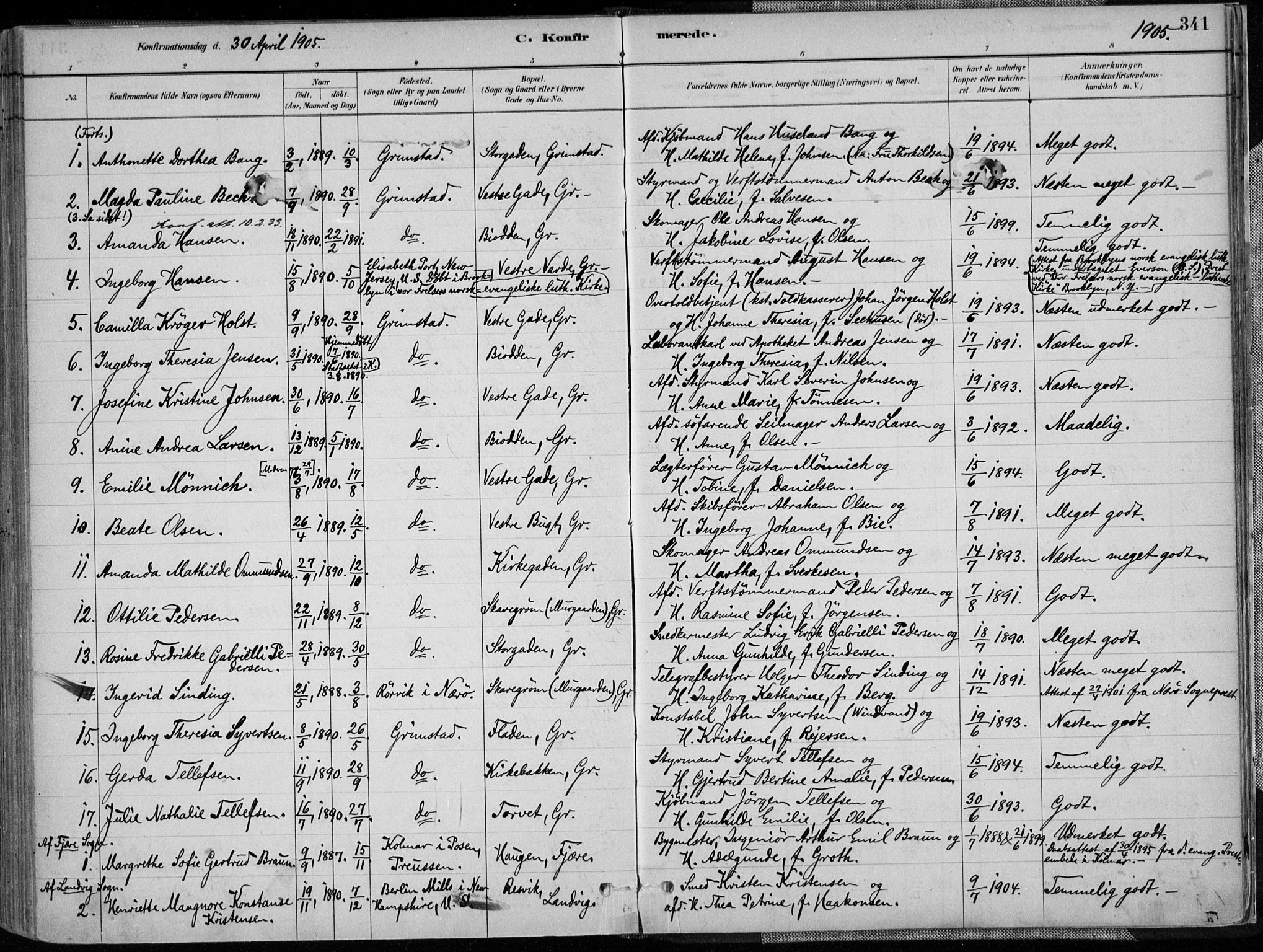 Grimstad sokneprestkontor, AV/SAK-1111-0017/F/Fa/L0003: Parish register (official) no. A 2, 1882-1912, p. 341