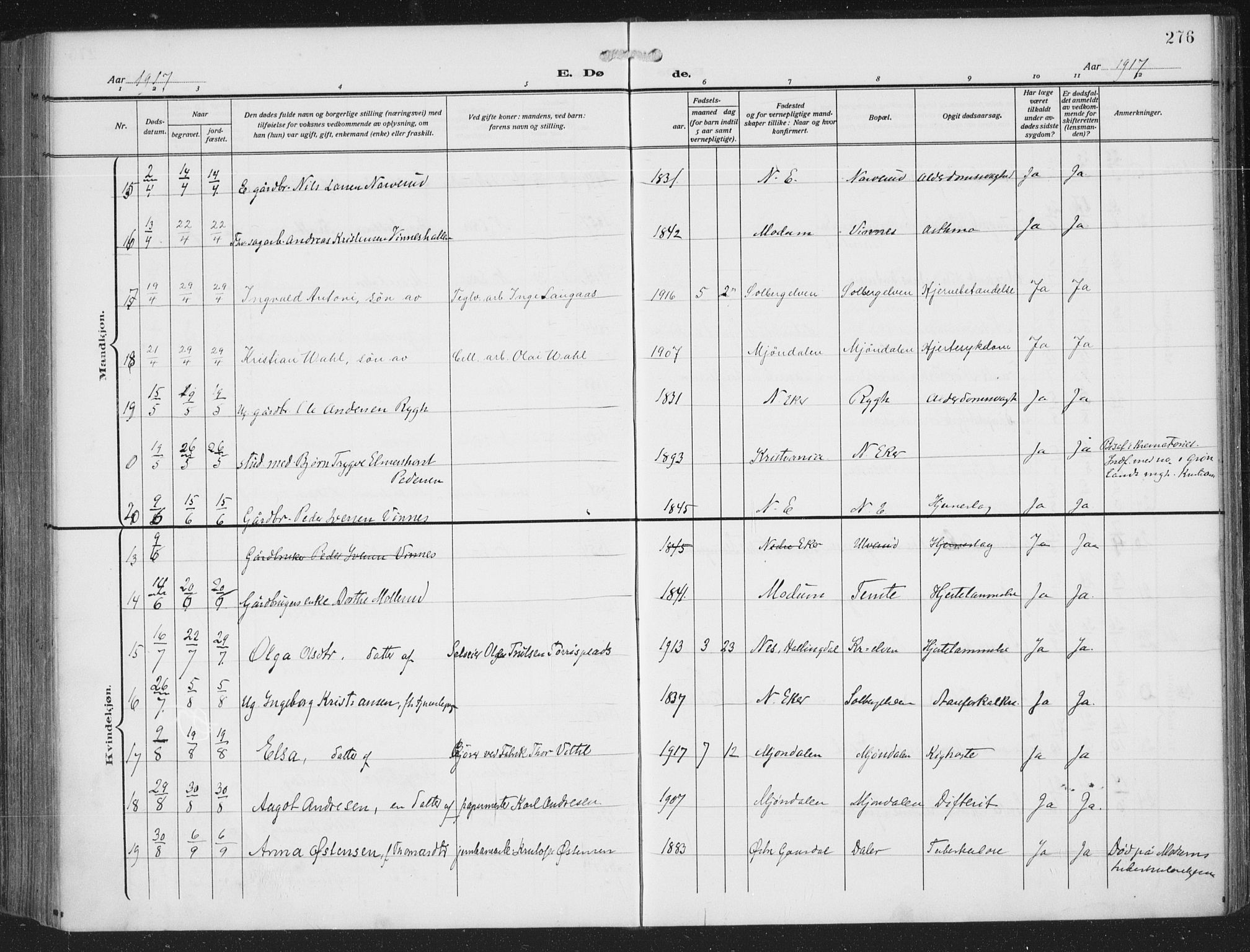 Nedre Eiker kirkebøker, AV/SAKO-A-612/F/Fa/L0007: Parish register (official) no. 7, 1912-1918, p. 276