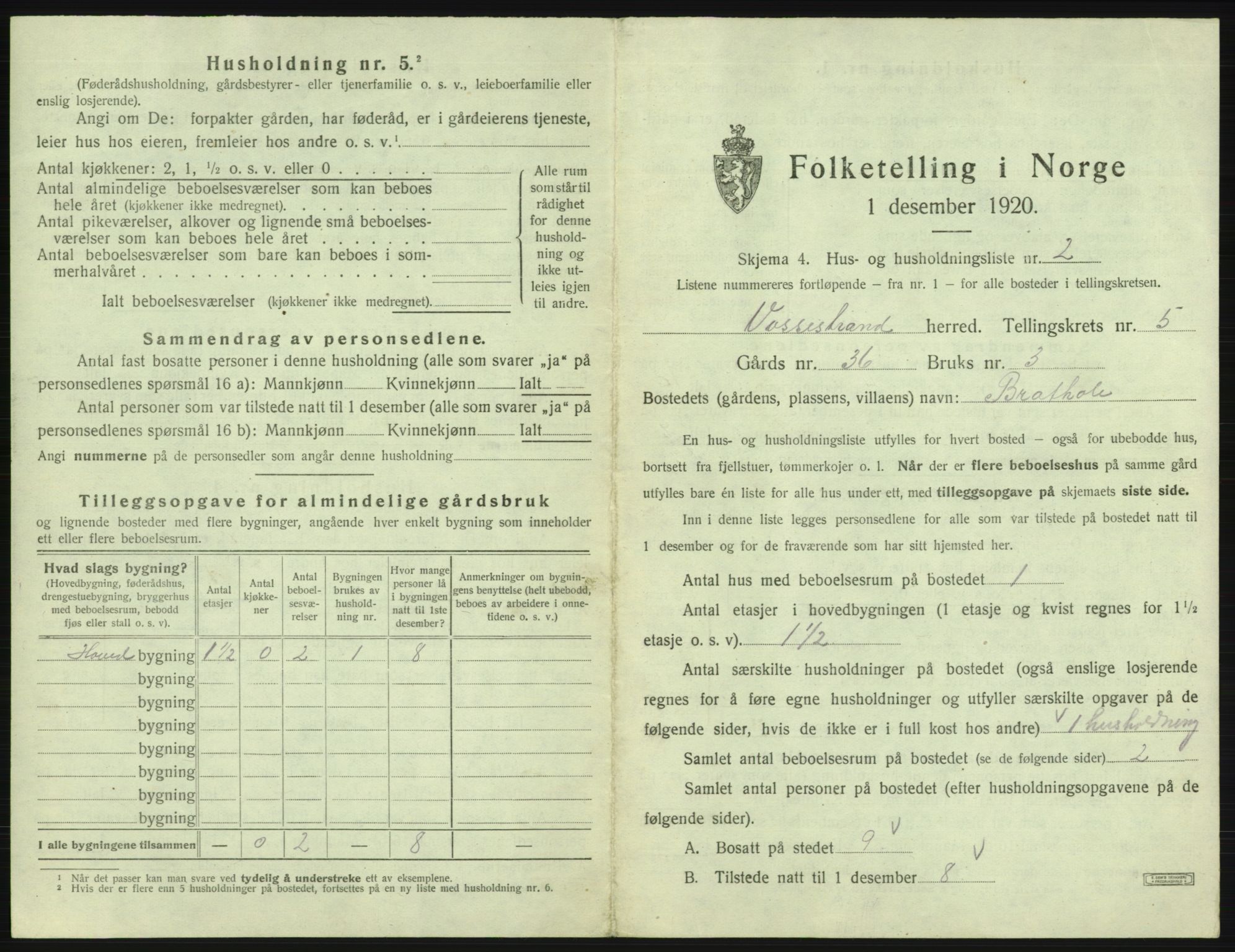 SAB, 1920 census for Vossestrand, 1920, p. 346