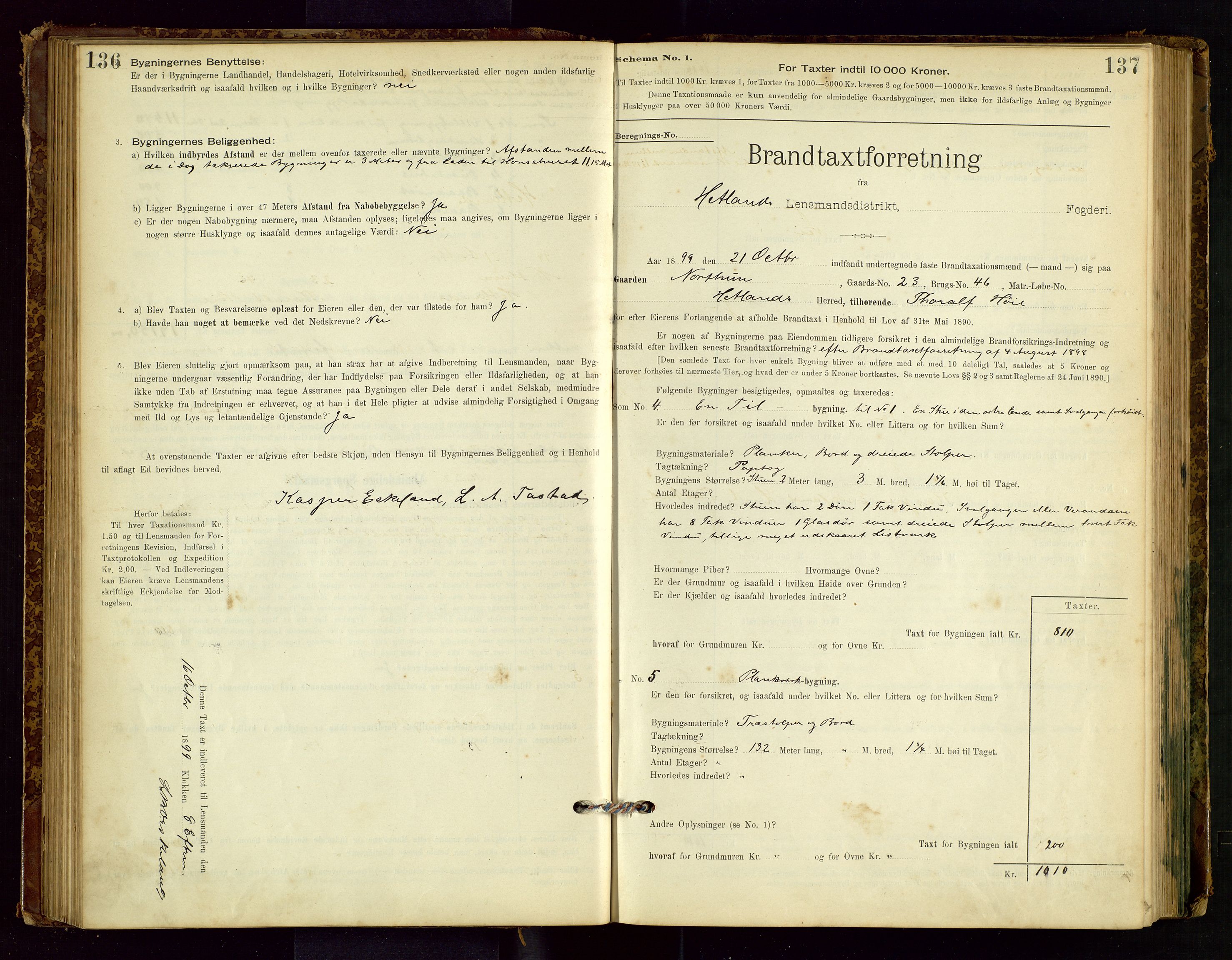 Hetland lensmannskontor, AV/SAST-A-100101/Gob/L0001: "Brandtaxationsprotokol", 1895-1918, p. 136-137