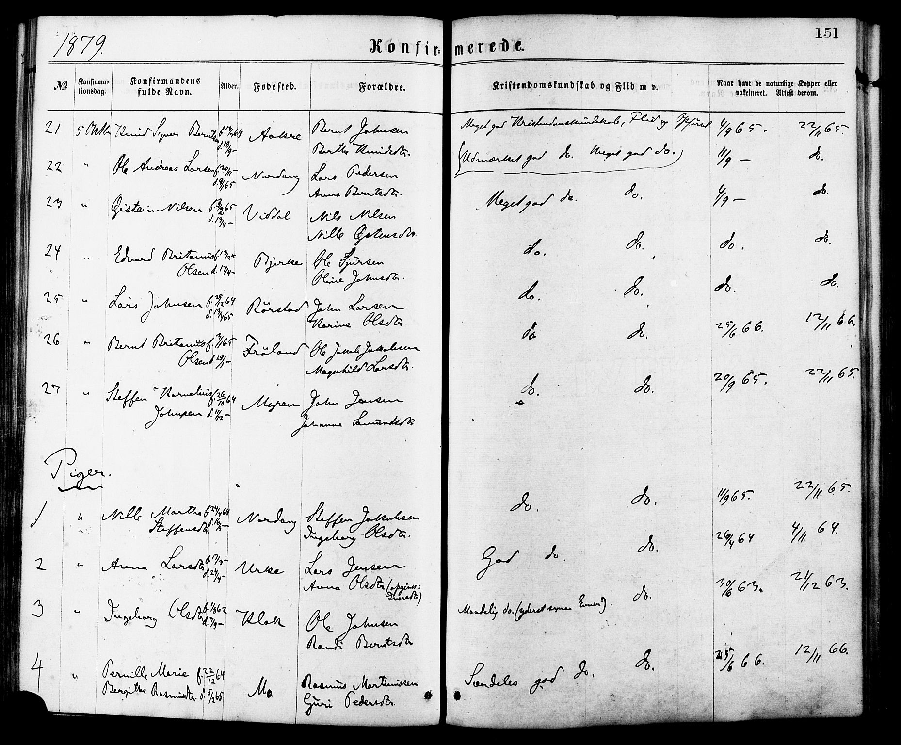 Ministerialprotokoller, klokkerbøker og fødselsregistre - Møre og Romsdal, AV/SAT-A-1454/515/L0210: Parish register (official) no. 515A06, 1868-1885, p. 151