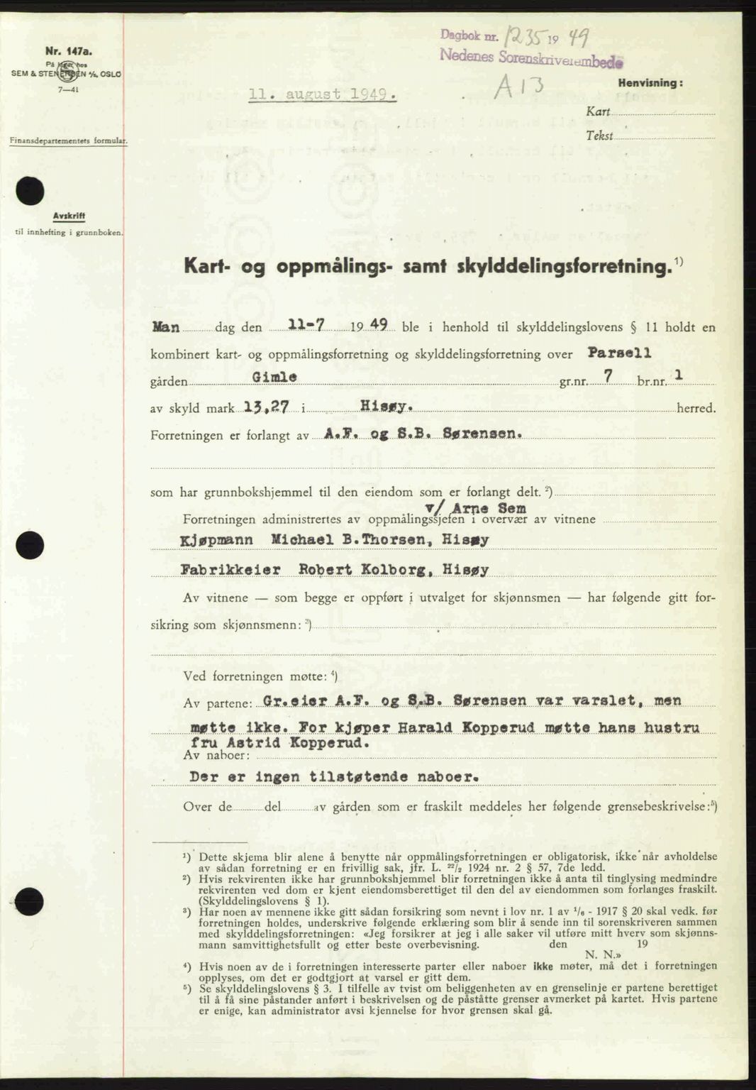 Nedenes sorenskriveri, SAK/1221-0006/G/Gb/Gba/L0061: Mortgage book no. A13, 1949-1949, Diary no: : 1235/1949