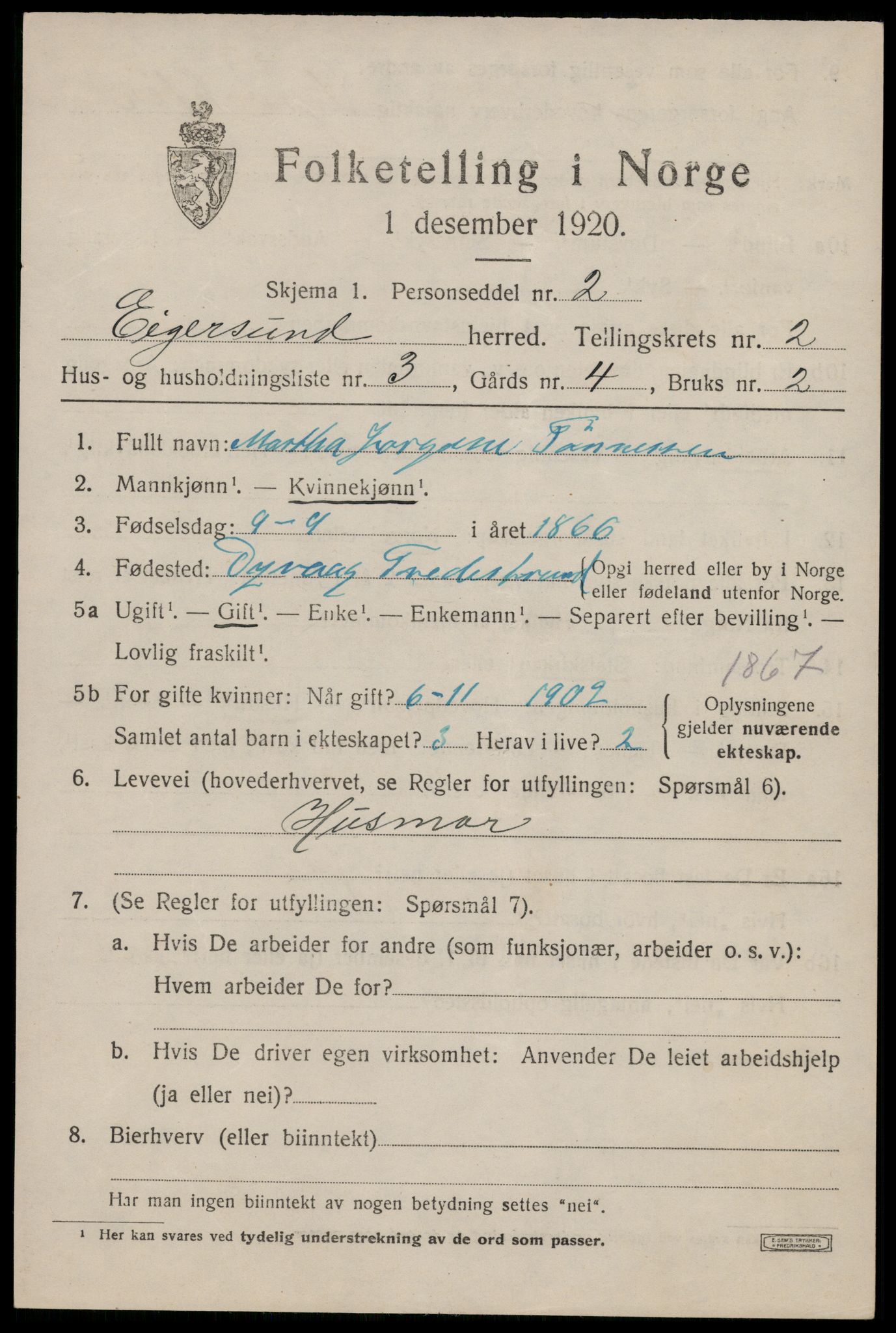 SAST, 1920 census for Eigersund, 1920, p. 1637