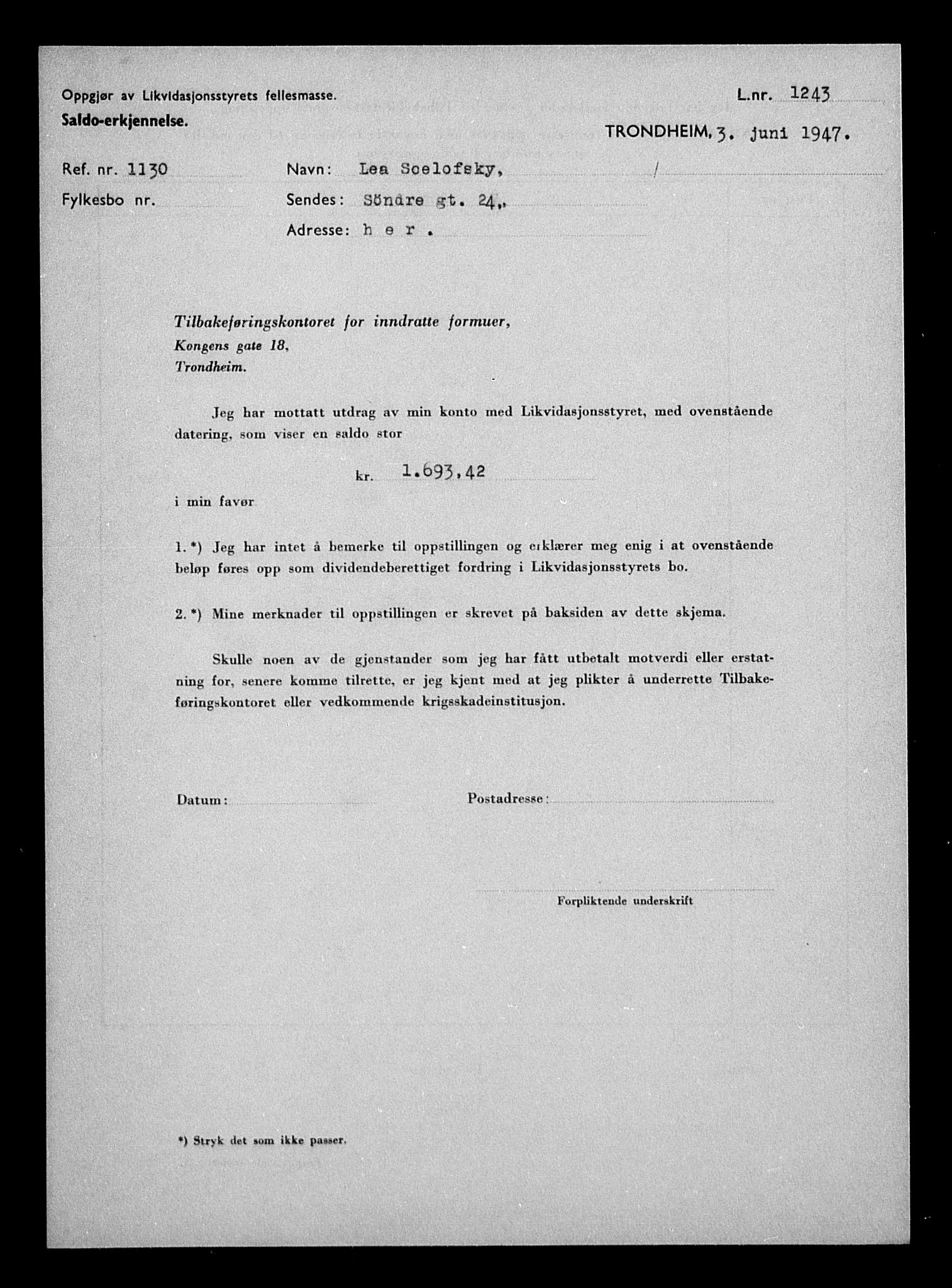 Justisdepartementet, Tilbakeføringskontoret for inndratte formuer, AV/RA-S-1564/H/Hc/Hca/L0908: --, 1945-1947, p. 227