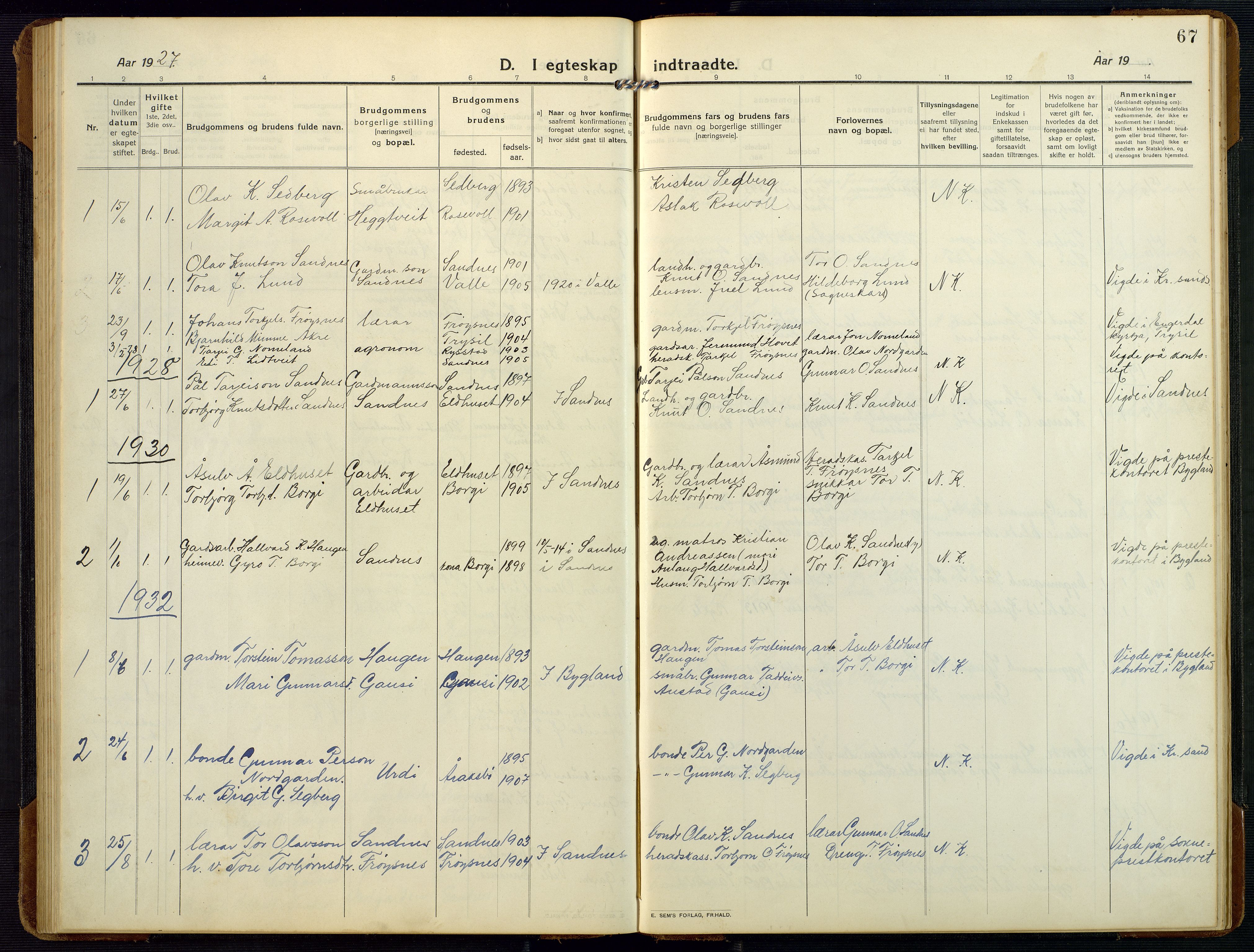 Bygland sokneprestkontor, SAK/1111-0006/F/Fb/Fbc/L0003: Parish register (copy) no. B 3, 1916-1975, p. 67