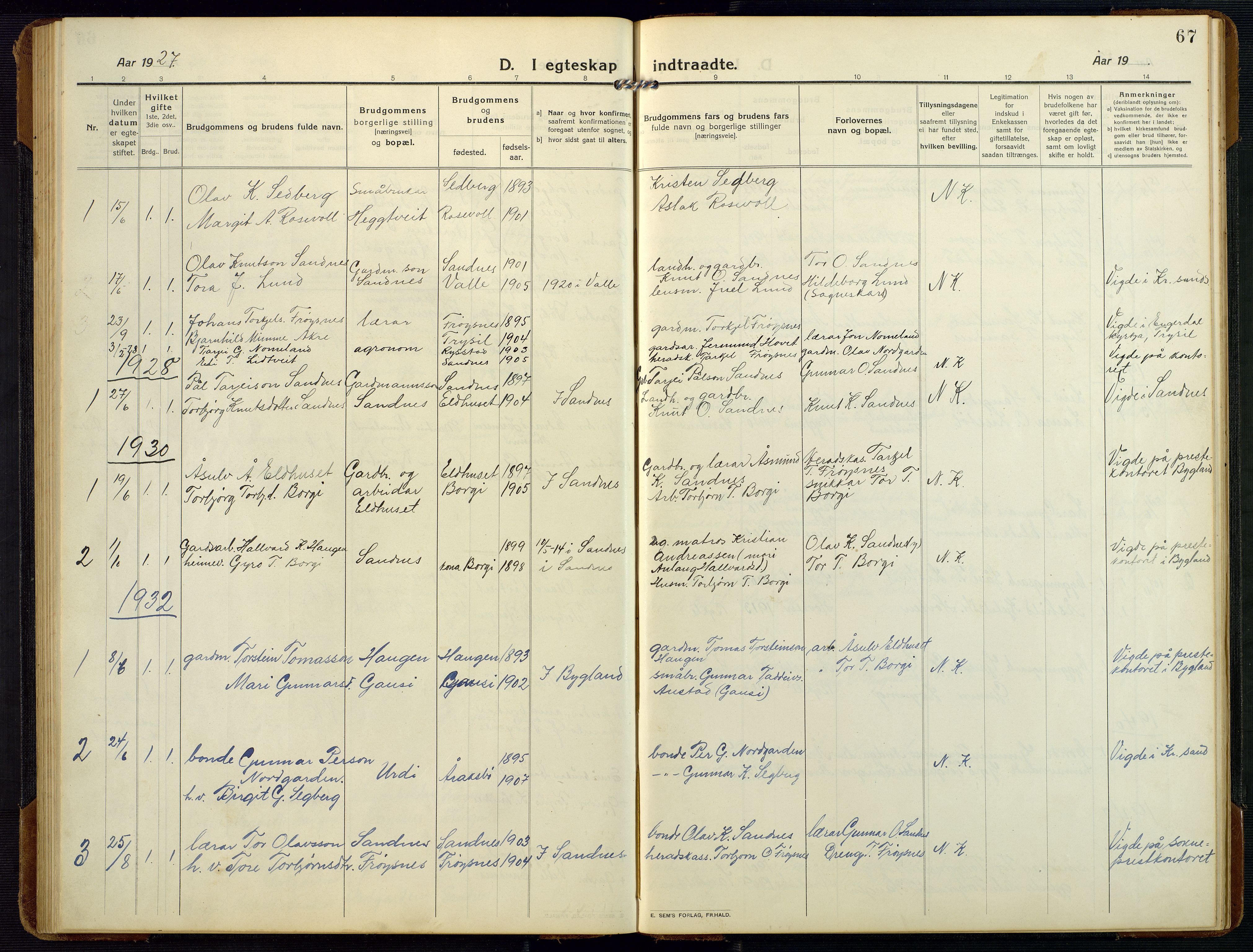 Bygland sokneprestkontor, AV/SAK-1111-0006/F/Fb/Fbc/L0003: Parish register (copy) no. B 3, 1916-1975, p. 67