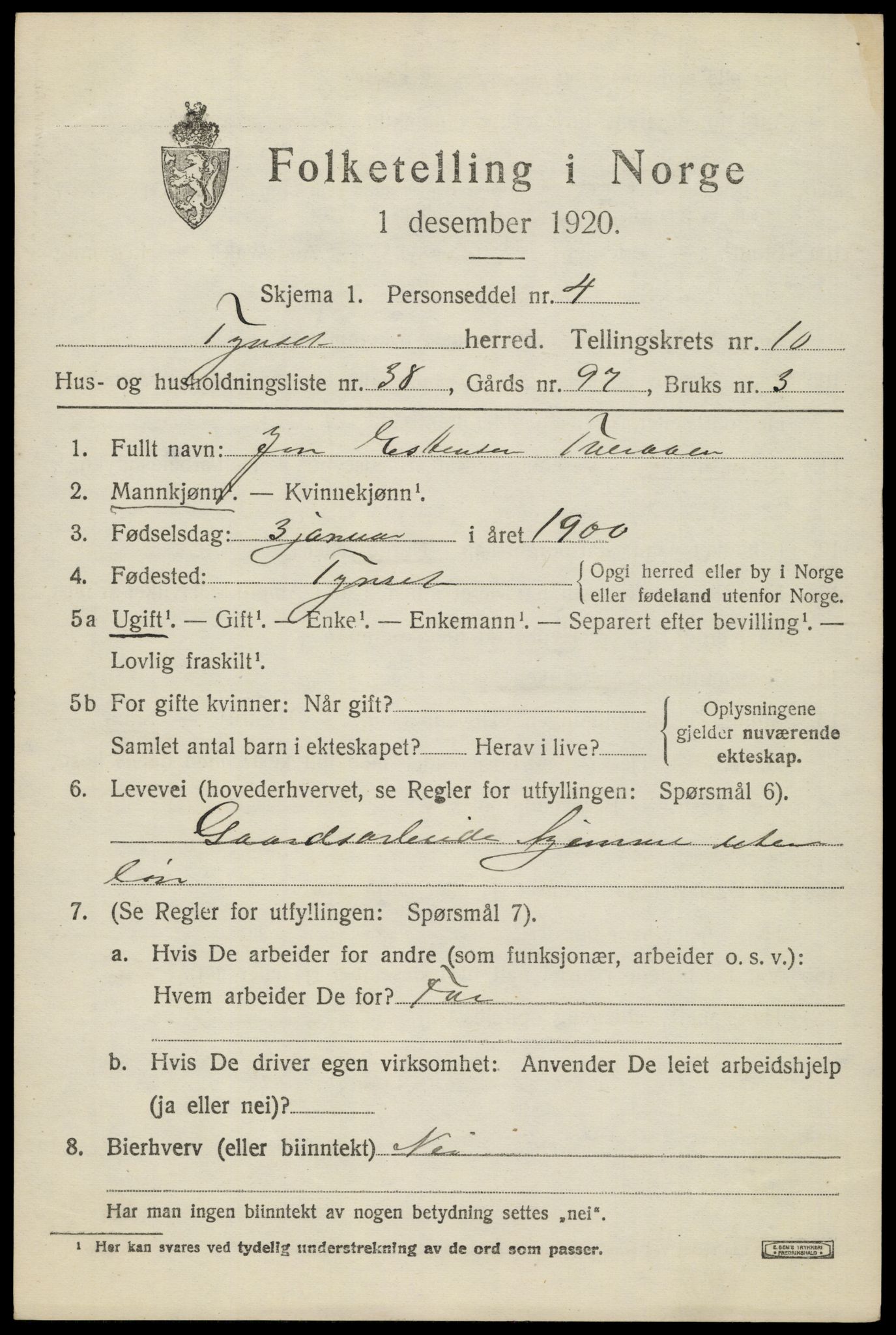 SAH, 1920 census for Tynset, 1920, p. 8018