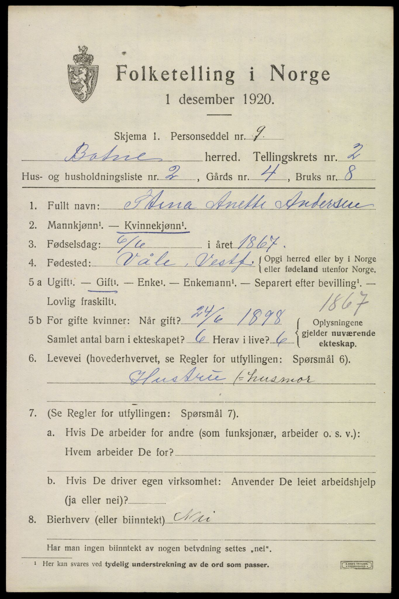 SAKO, 1920 census for Botne, 1920, p. 2155