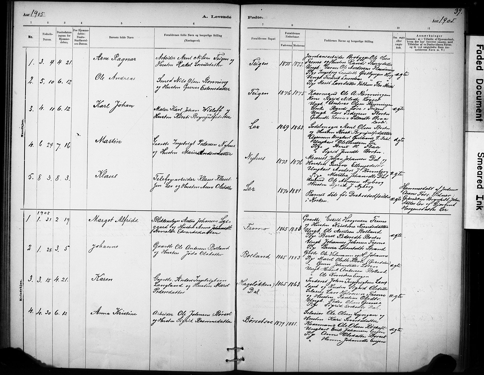 Ministerialprotokoller, klokkerbøker og fødselsregistre - Sør-Trøndelag, AV/SAT-A-1456/693/L1119: Parish register (official) no. 693A01, 1887-1905, p. 39