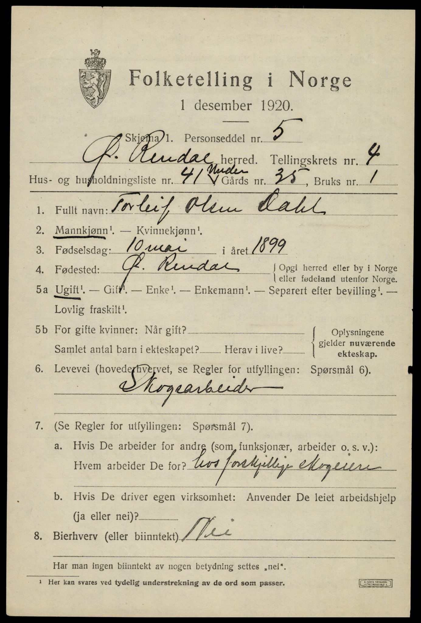 SAH, 1920 census for Øvre Rendal, 1920, p. 2045