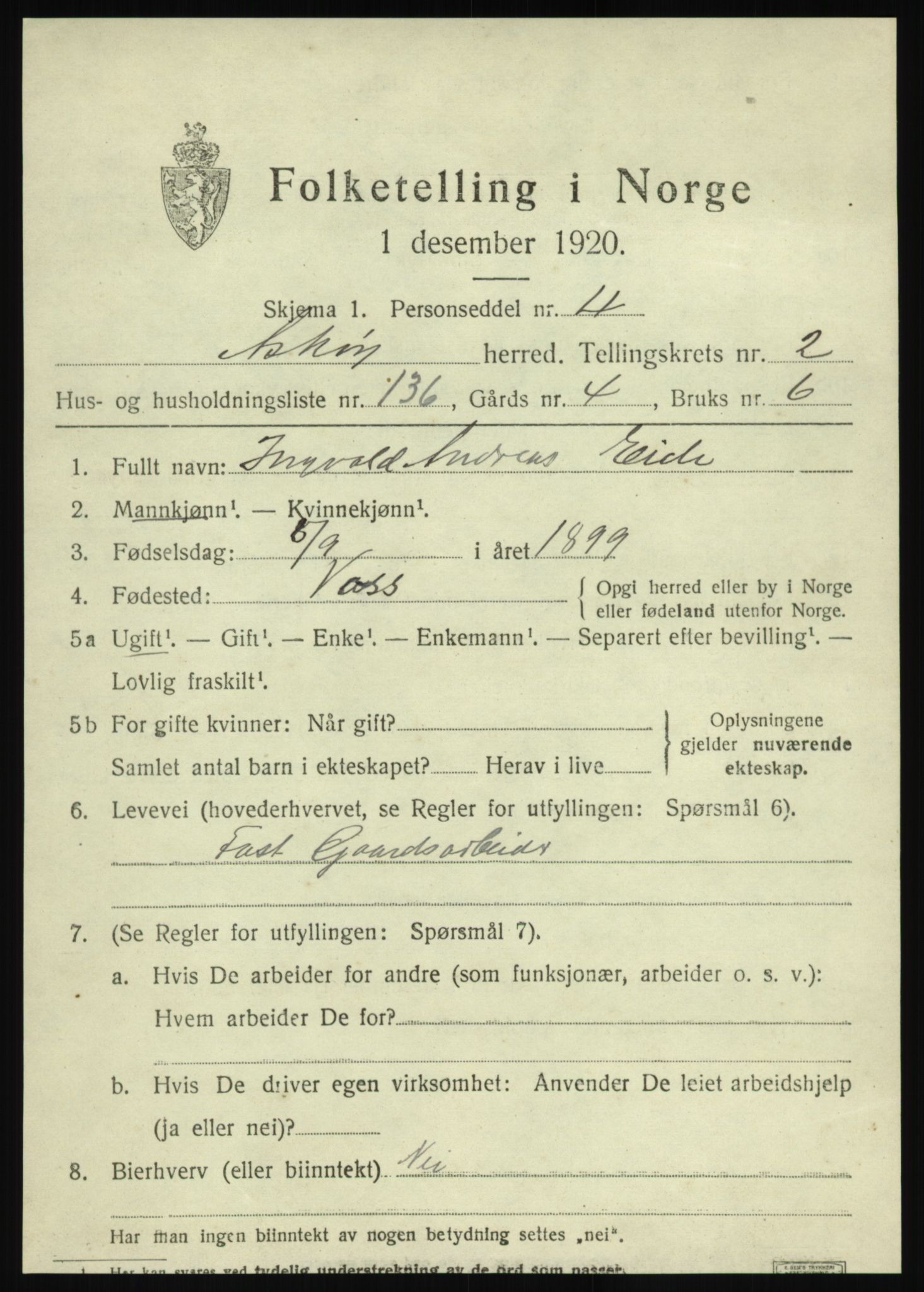 SAB, 1920 census for Askøy, 1920, p. 5996