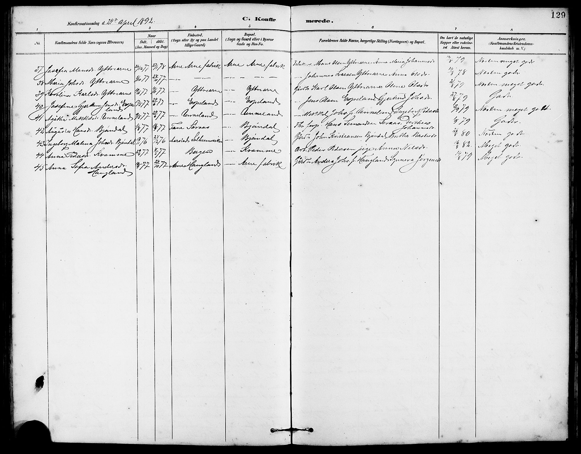 Arna sokneprestembete, AV/SAB-A-74001/H/Ha/Hab: Parish register (copy) no. A 3, 1887-1897, p. 129