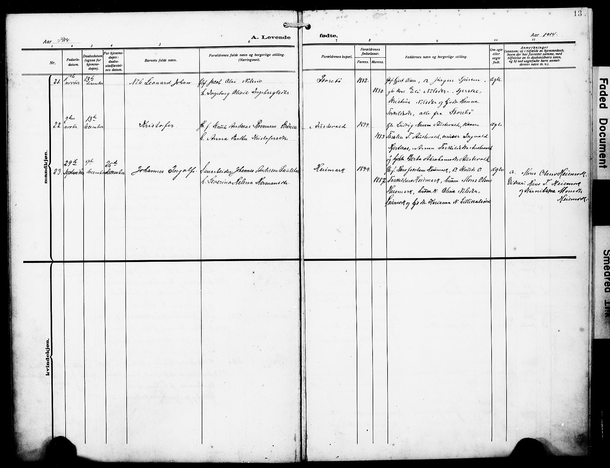 Austevoll sokneprestembete, AV/SAB-A-74201/H/Ha/Hab/Haba/L0005: Parish register (copy) no. A 5, 1913-1925, p. 13