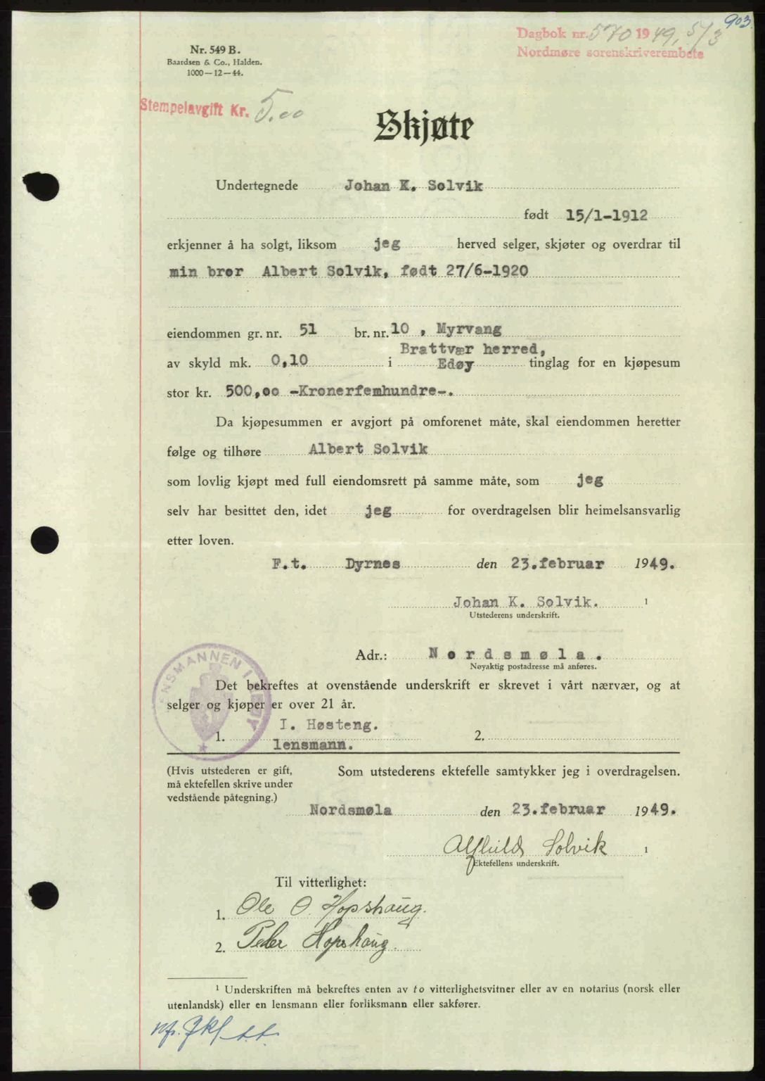 Nordmøre sorenskriveri, AV/SAT-A-4132/1/2/2Ca: Mortgage book no. A110, 1948-1949, Diary no: : 570/1949